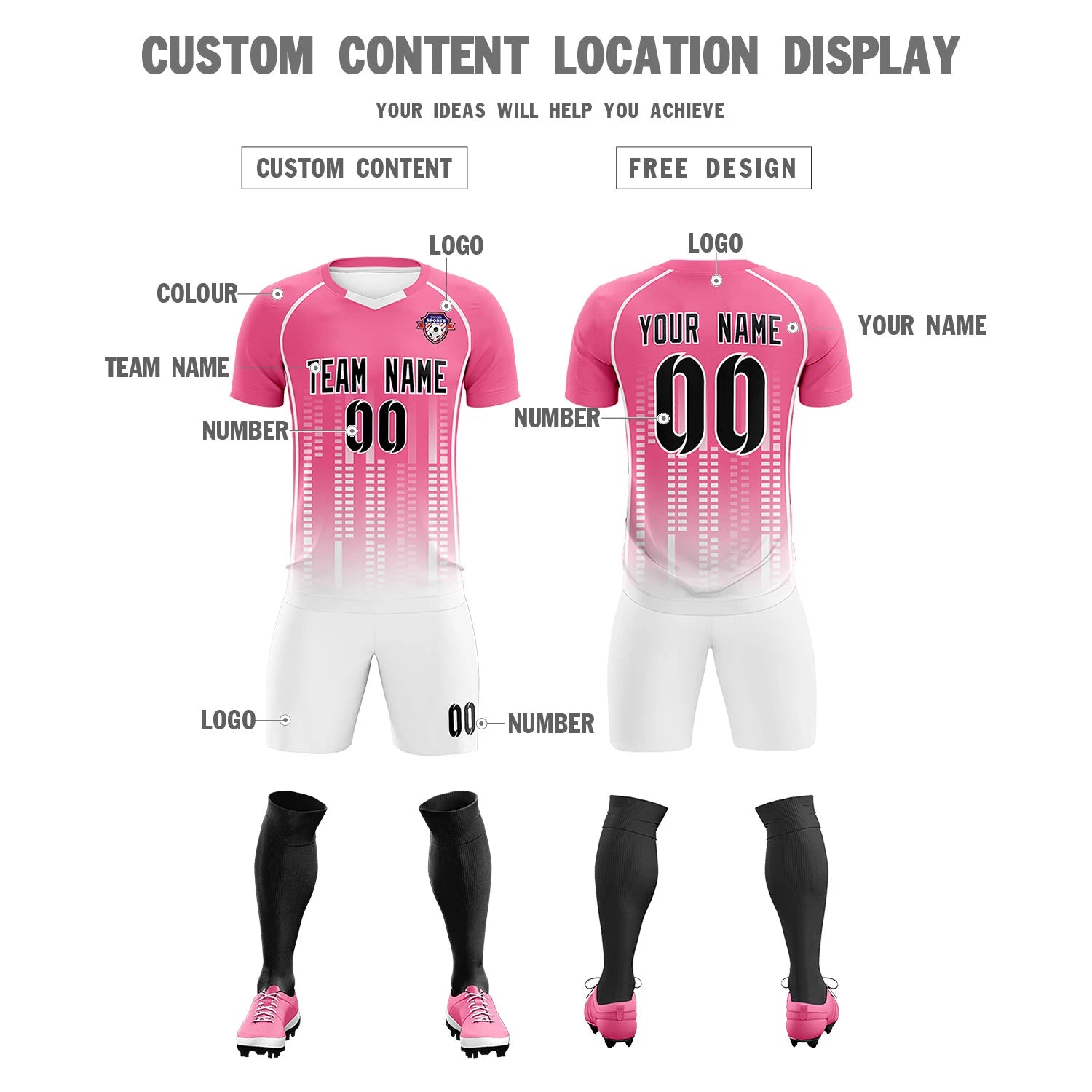 Custom Pink White Printing Outdoor Tracksuit Soccer Sets Jersey