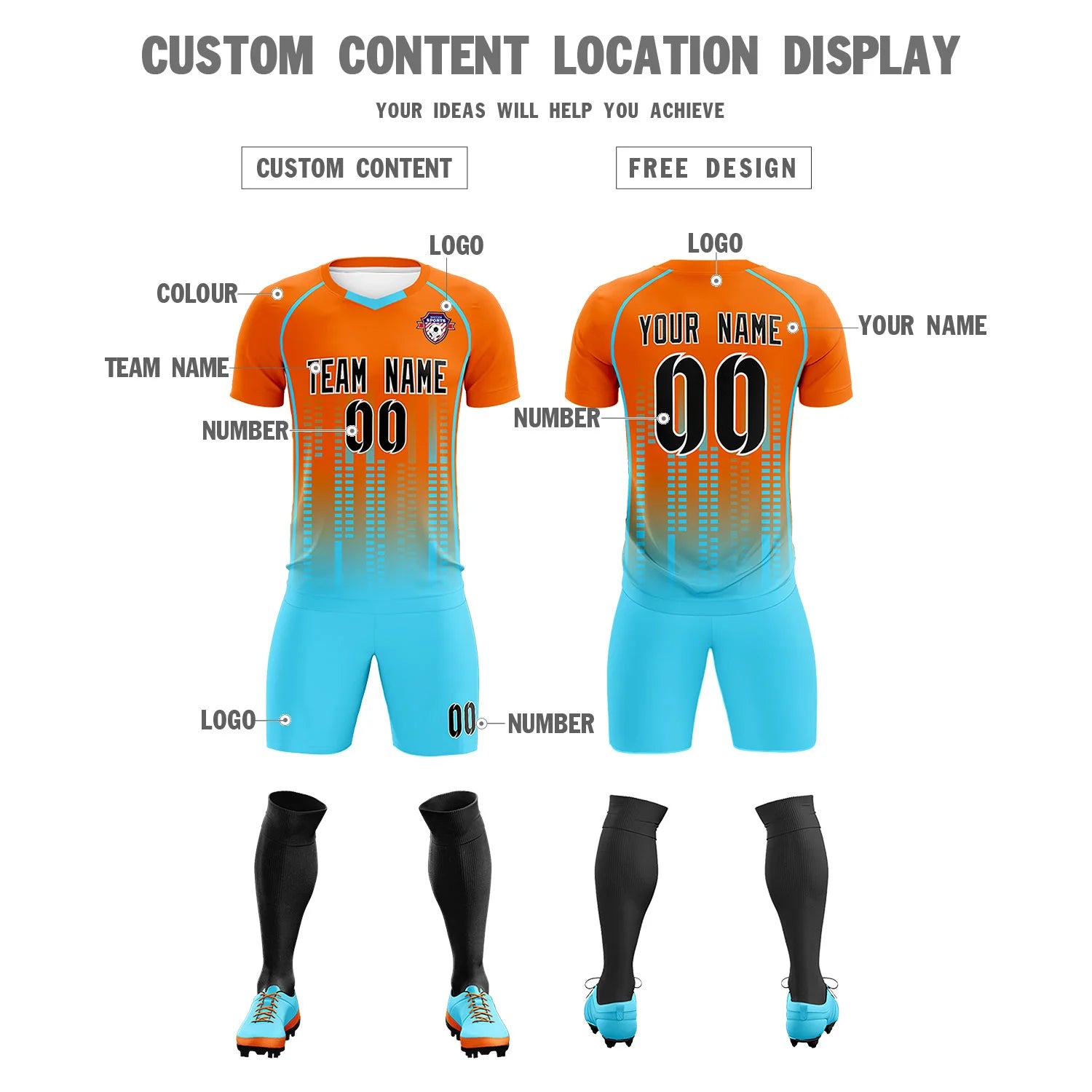 Custom Orange Aqua Printing Outdoor Tracksuit Soccer Sets Jersey