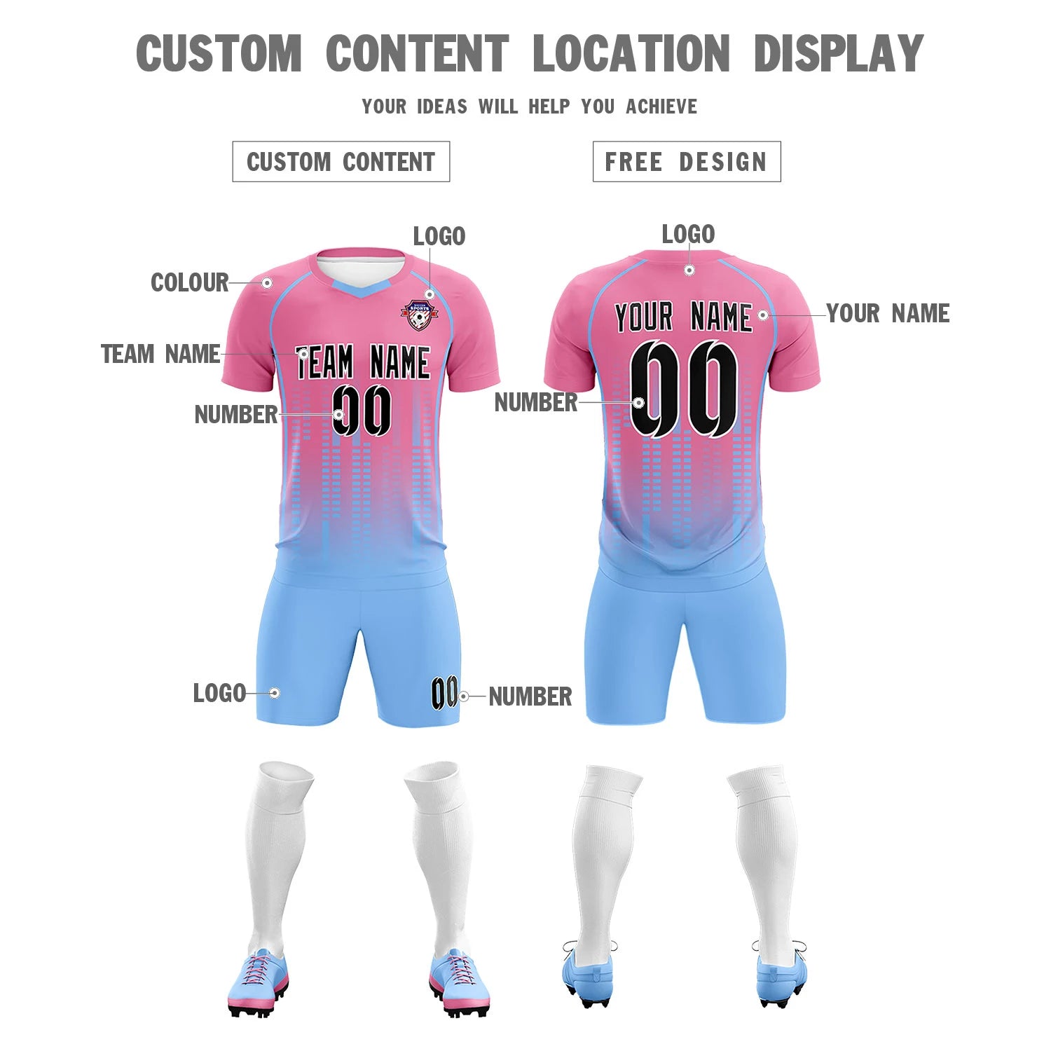 Custom Pink-Light Blue Printing Outdoor Tracksuit Soccer Sets Jersey