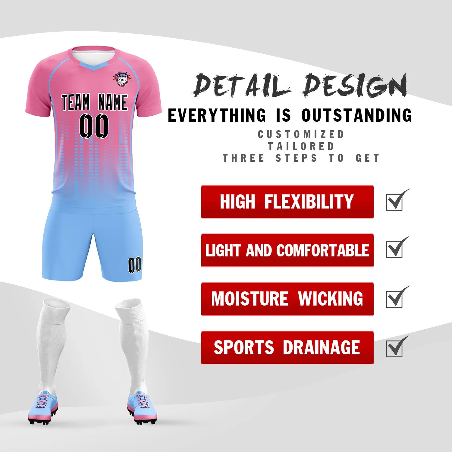 Custom Pink-Light Blue Printing Outdoor Tracksuit Soccer Sets Jersey