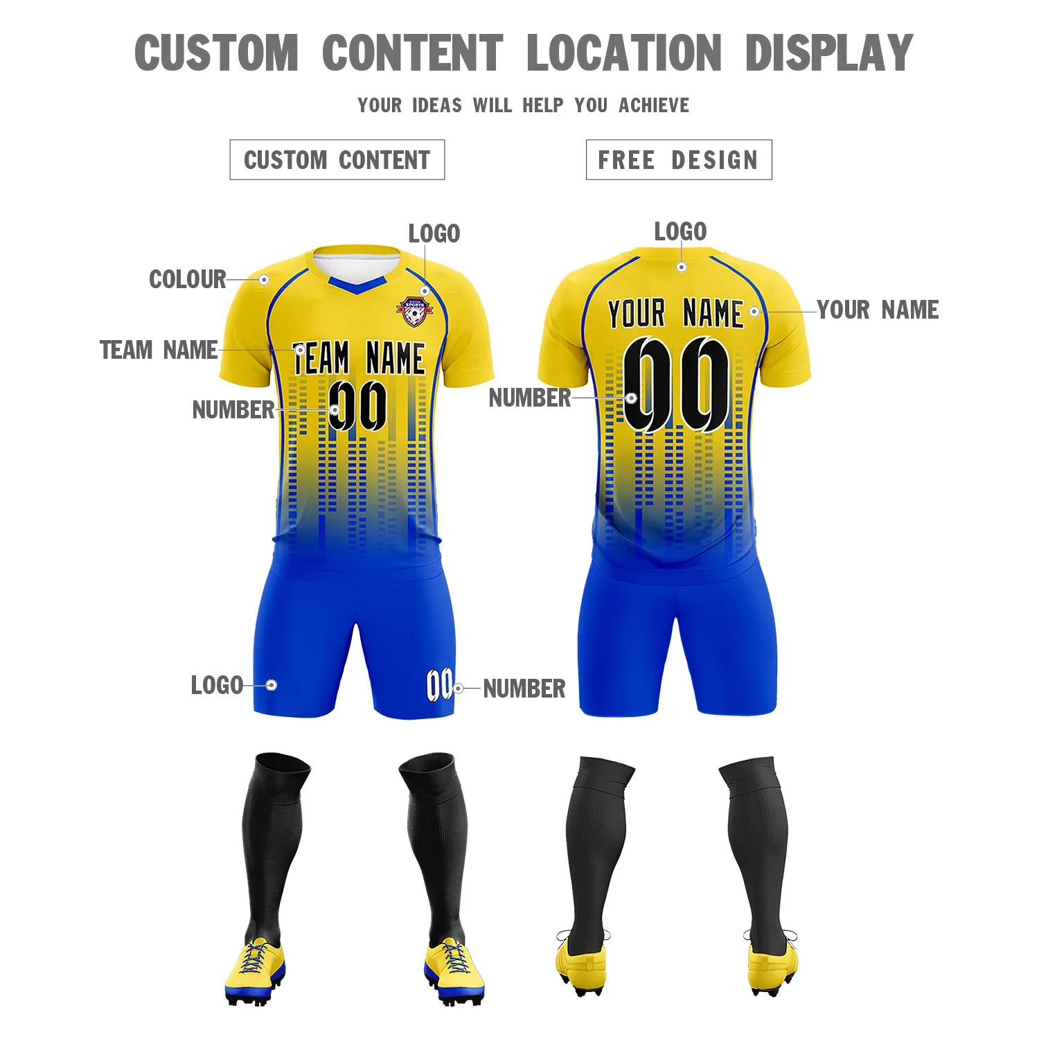 Custom Yellow Blue Printing Outdoor Tracksuit Soccer Sets Jersey