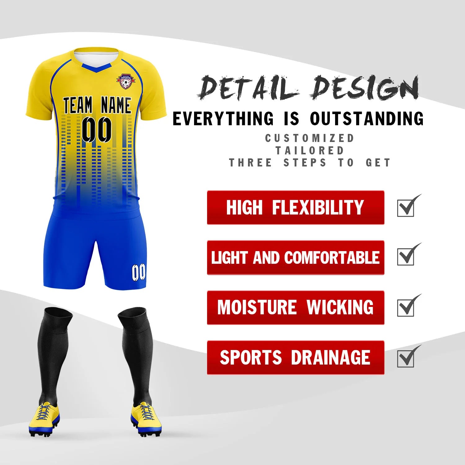 Custom Yellow Blue Printing Outdoor Tracksuit Soccer Sets Jersey