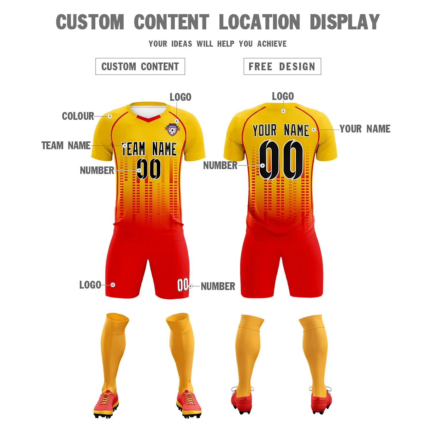 Custom Yellow Red Printing Outdoor Tracksuit Soccer Sets Jersey