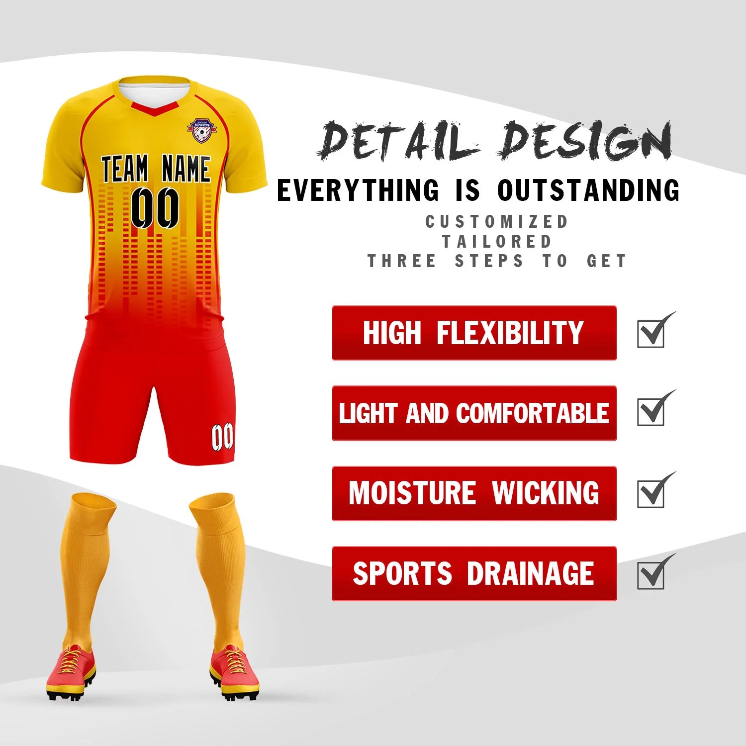 Custom Yellow Red Printing Outdoor Tracksuit Soccer Sets Jersey