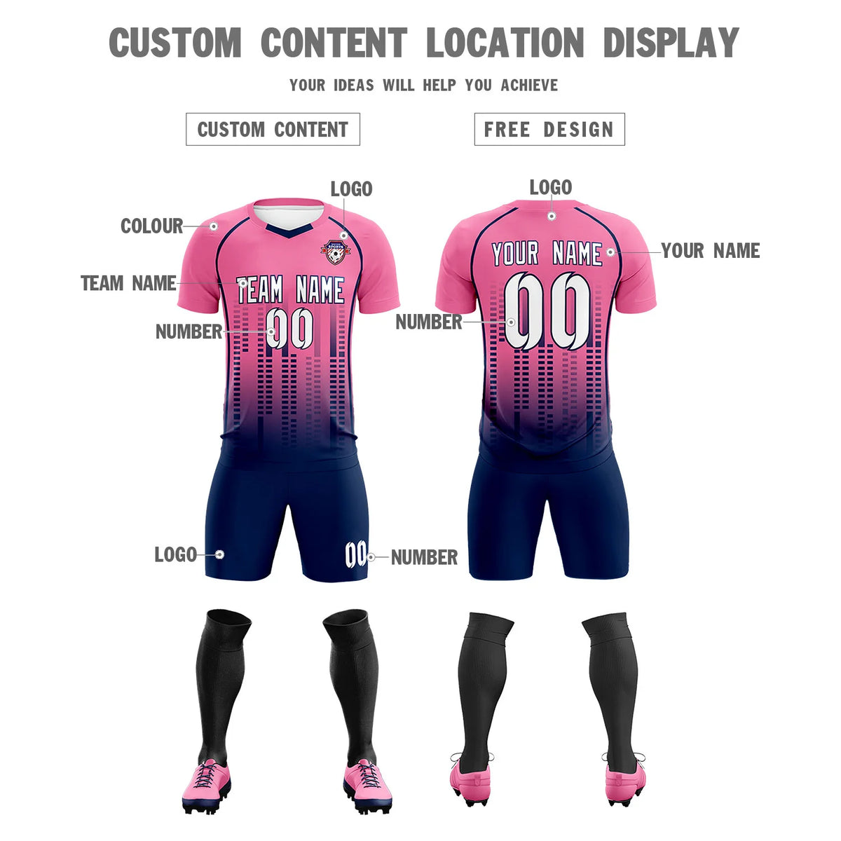 Custom Pink Navy Printing Outdoor Tracksuit Soccer Sets Jersey