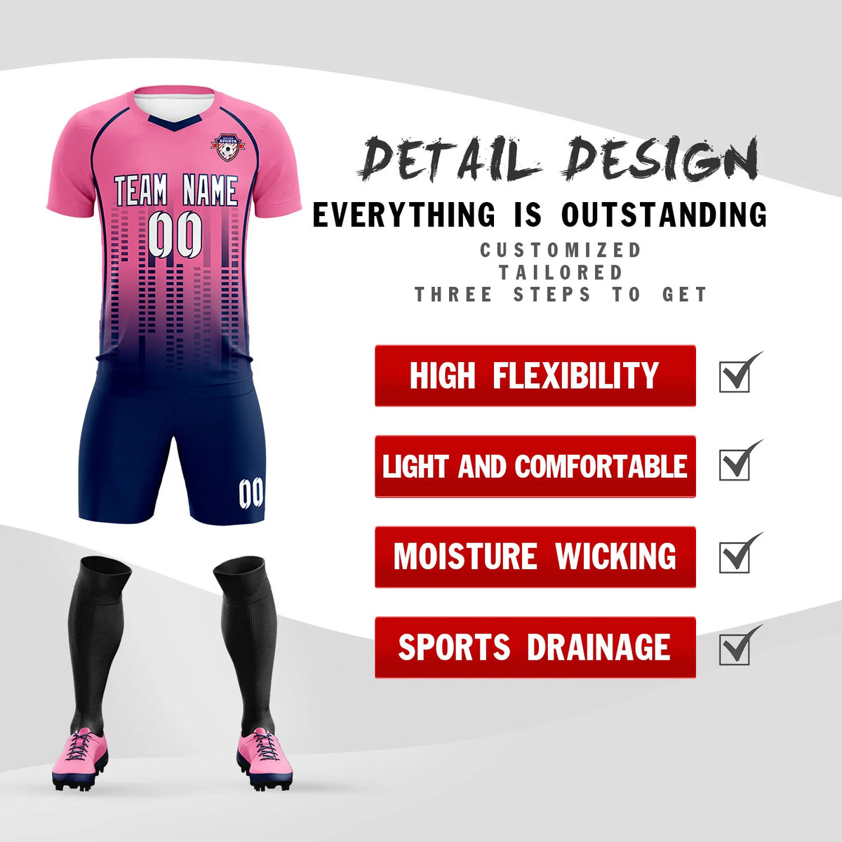 Custom Pink Navy Printing Outdoor Tracksuit Soccer Sets Jersey
