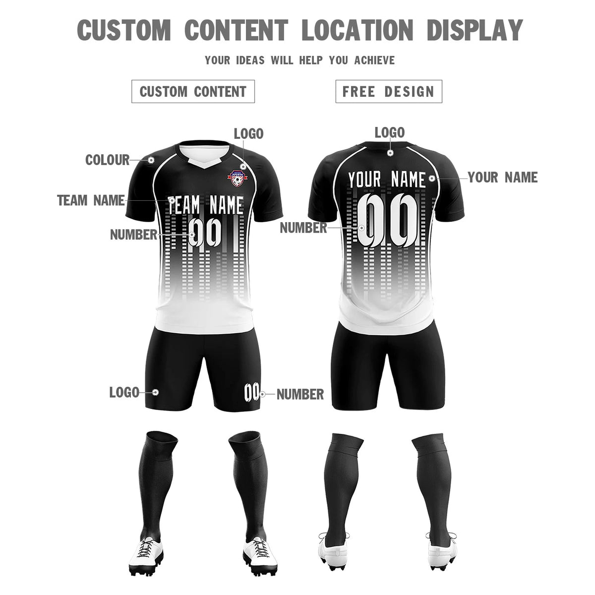 Custom Black White Printing Outdoor Tracksuit Soccer Sets Jersey