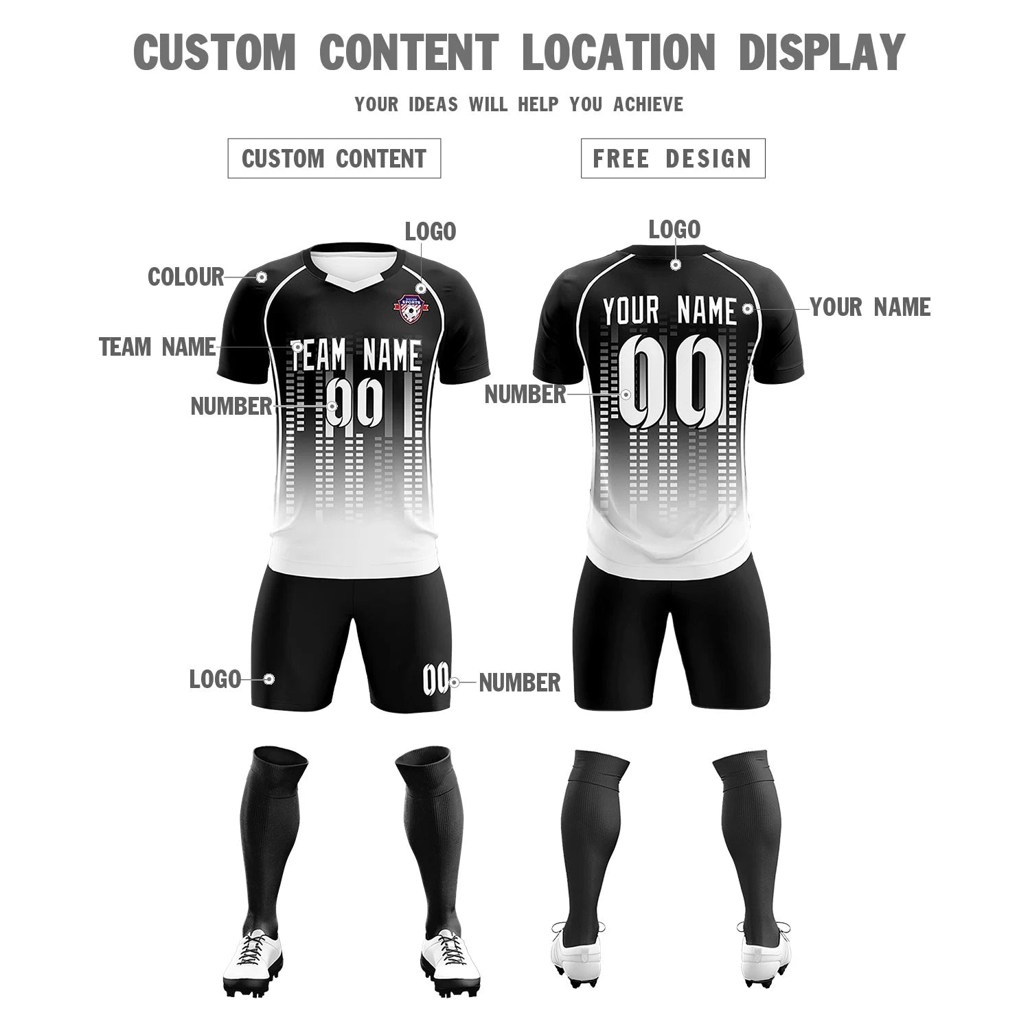 Custom Black White Printing Outdoor Tracksuit Soccer Sets Jersey