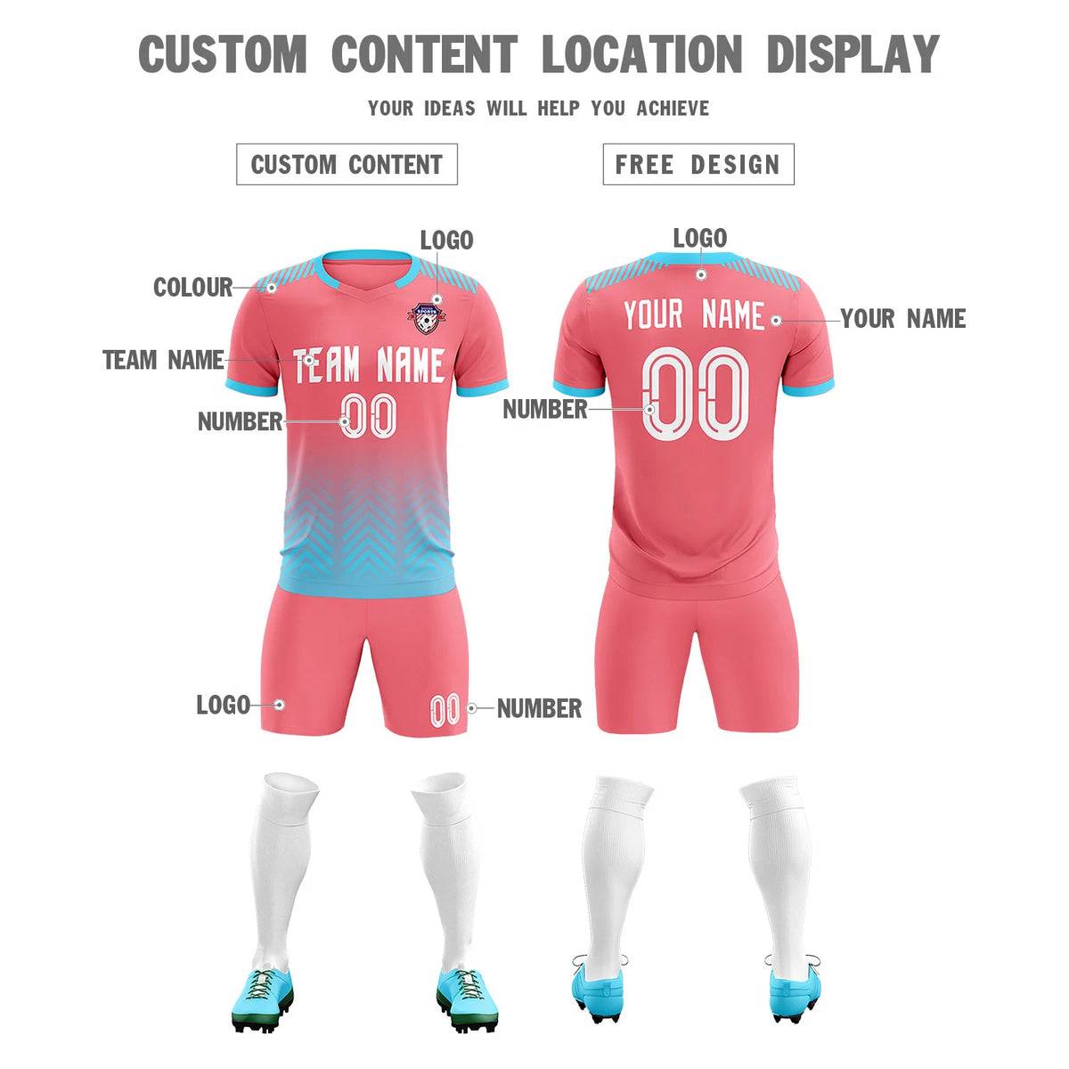 Custom Light Pink Sky Blue Printing Sportswear Soccer Sets Jersey