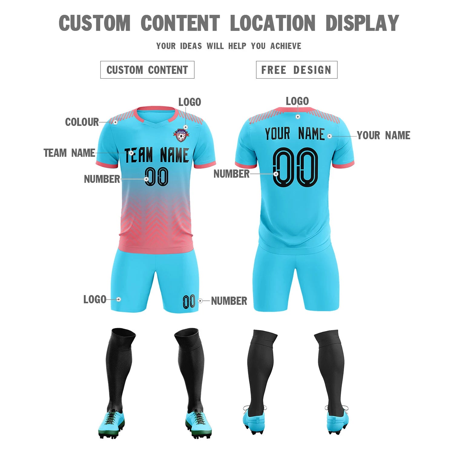 Custom Sky Blue Light Pink Printing Sportswear Soccer Sets Jersey