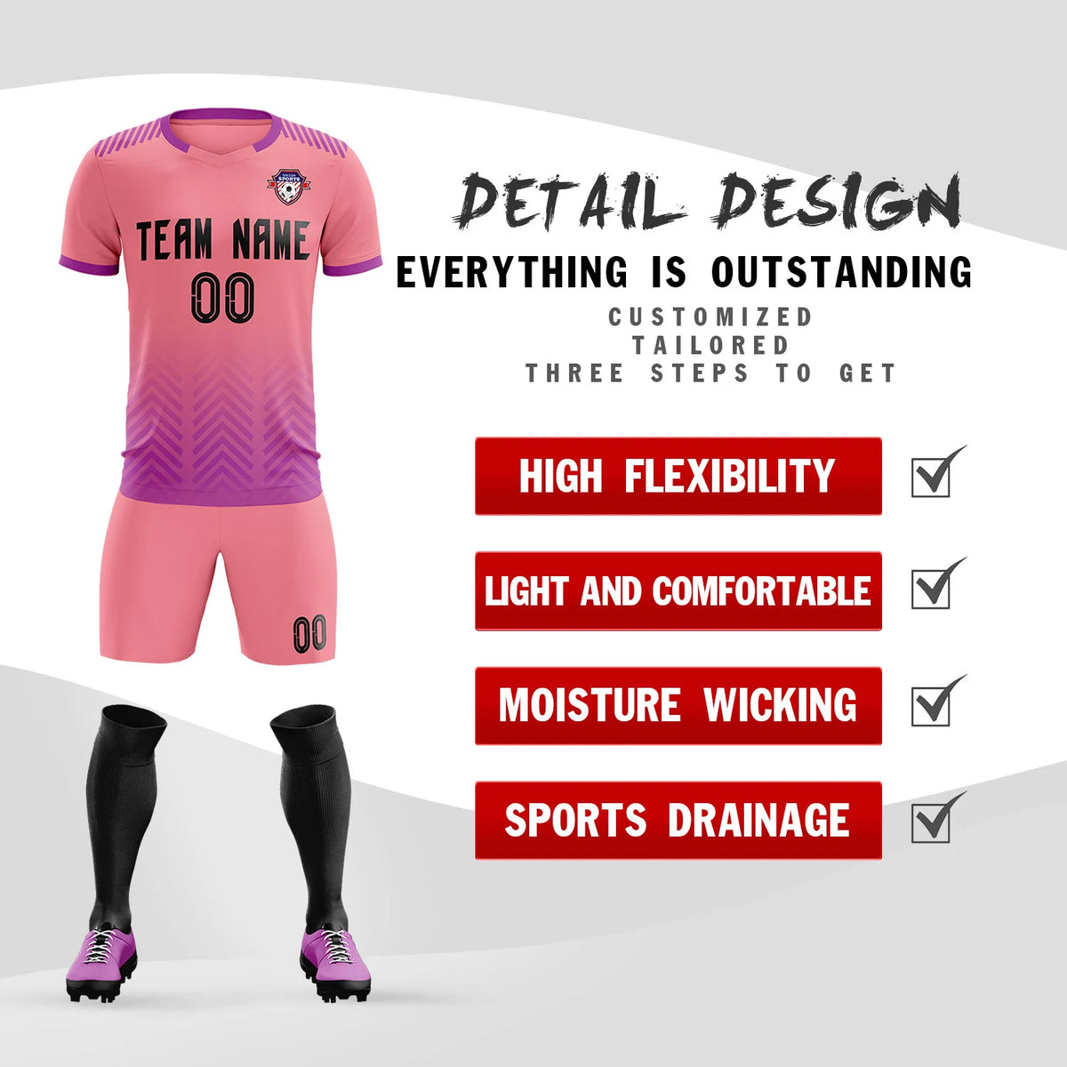 Custom Light Pink Purple Printing Sportswear Soccer Sets Jersey