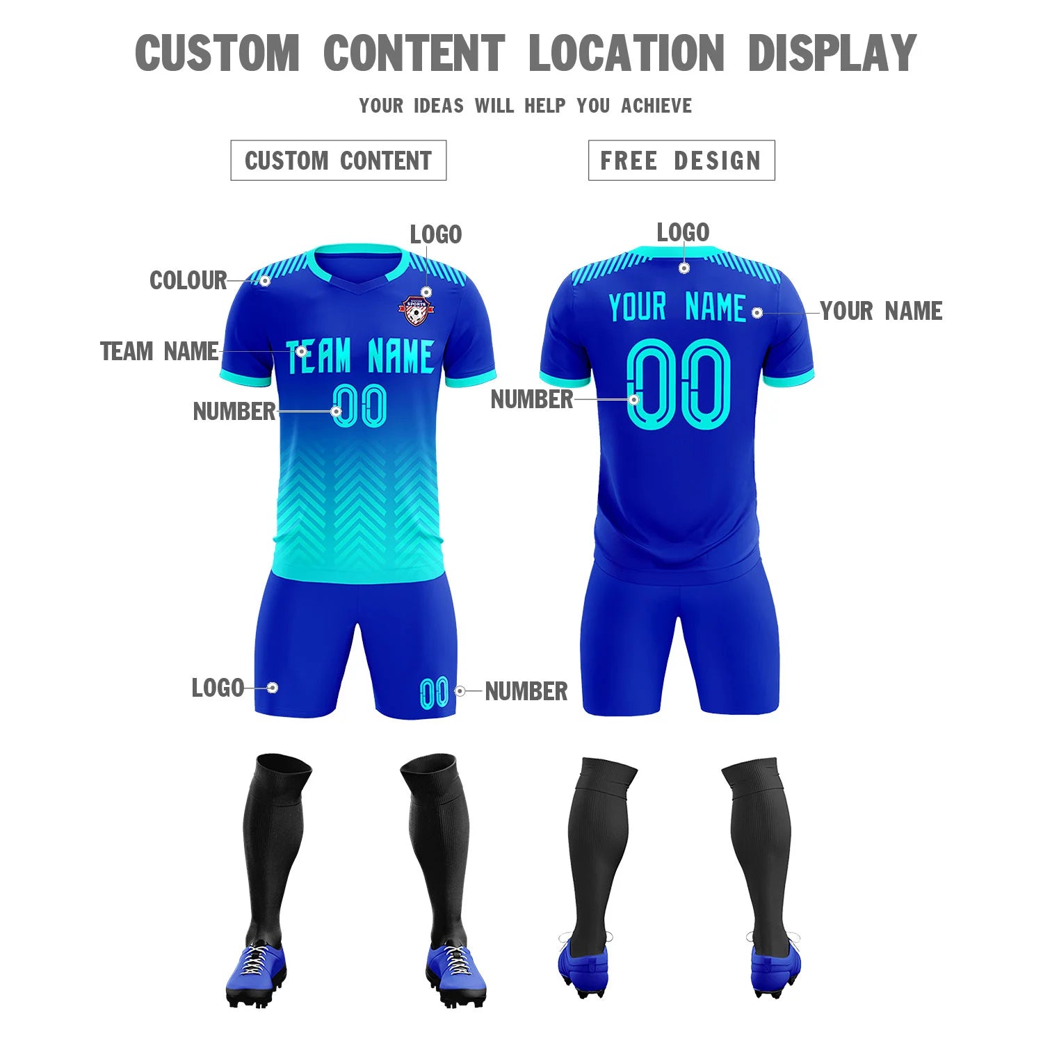 Custom Royal Blue Bright Green Printing Sportswear Soccer Sets Jersey