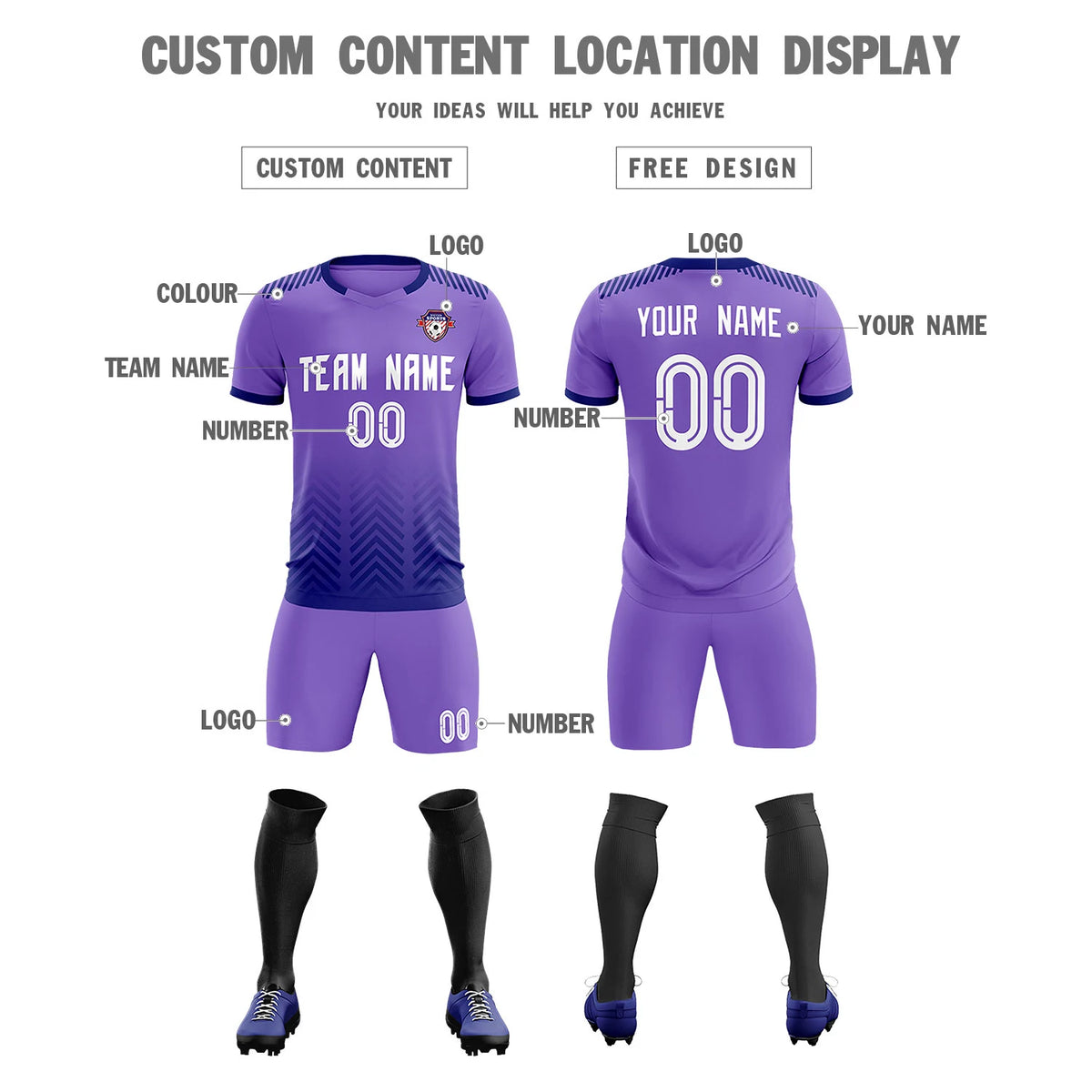Custom Light Purple Navy Printing Sportswear Soccer Sets Jersey
