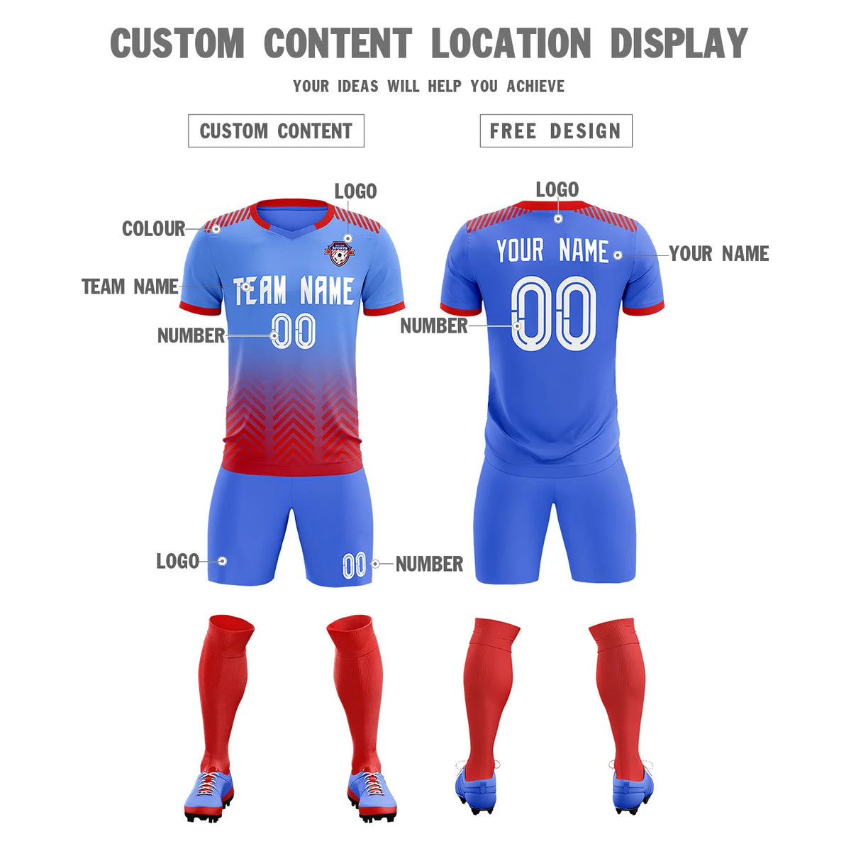 Custom Light Blue Red Printing Sportswear Soccer Sets Jersey