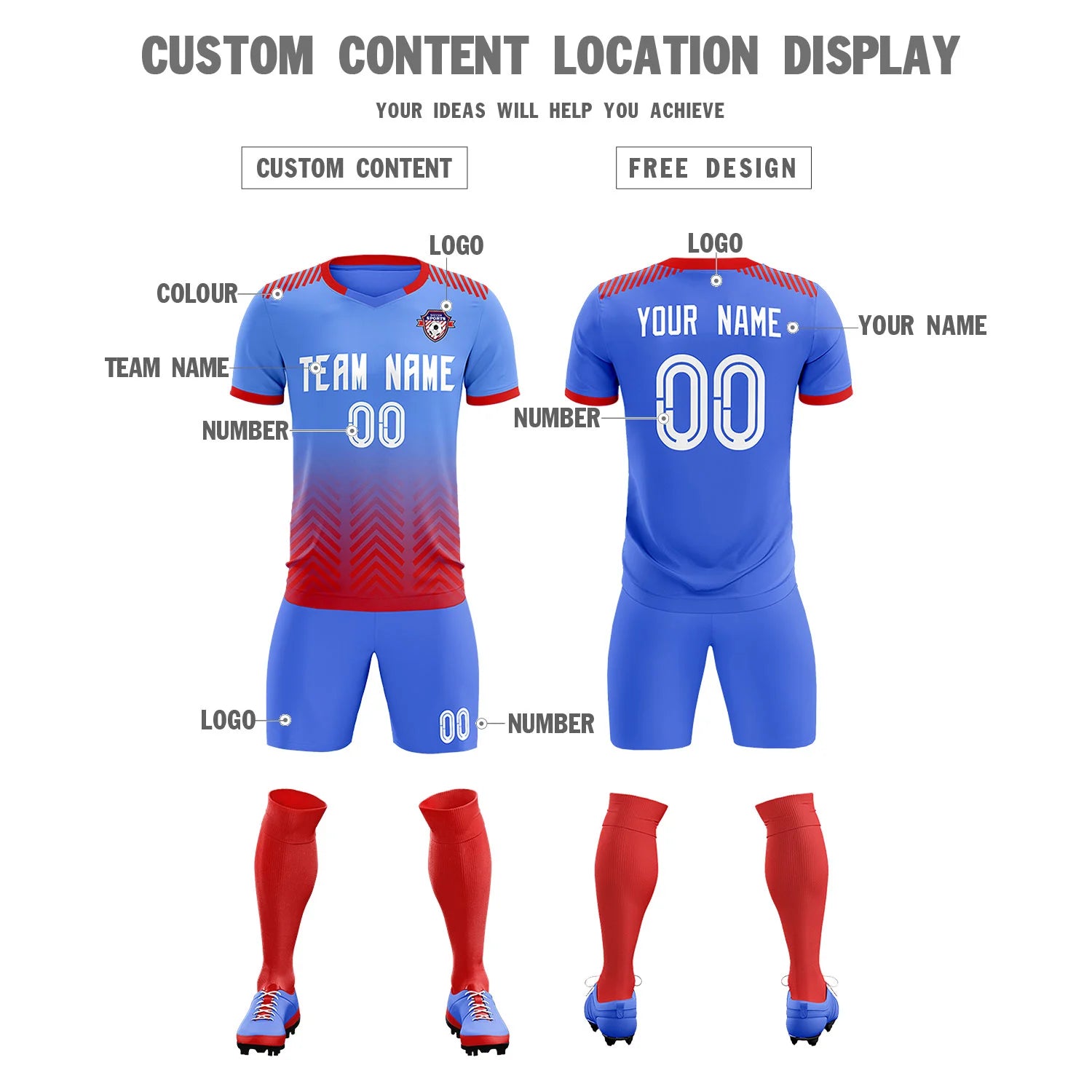 Custom Light Blue Red Printing Sportswear Soccer Sets Jersey