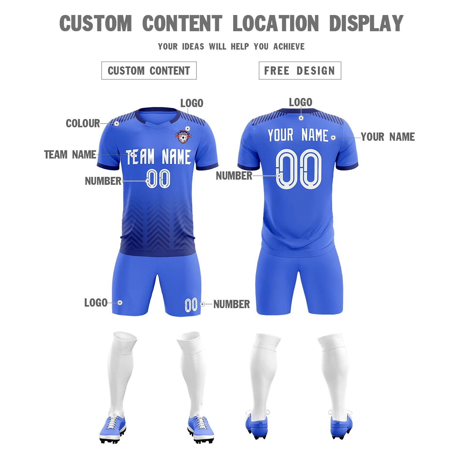 Custom Light Blue Navy Printing Sportswear Soccer Sets Jersey