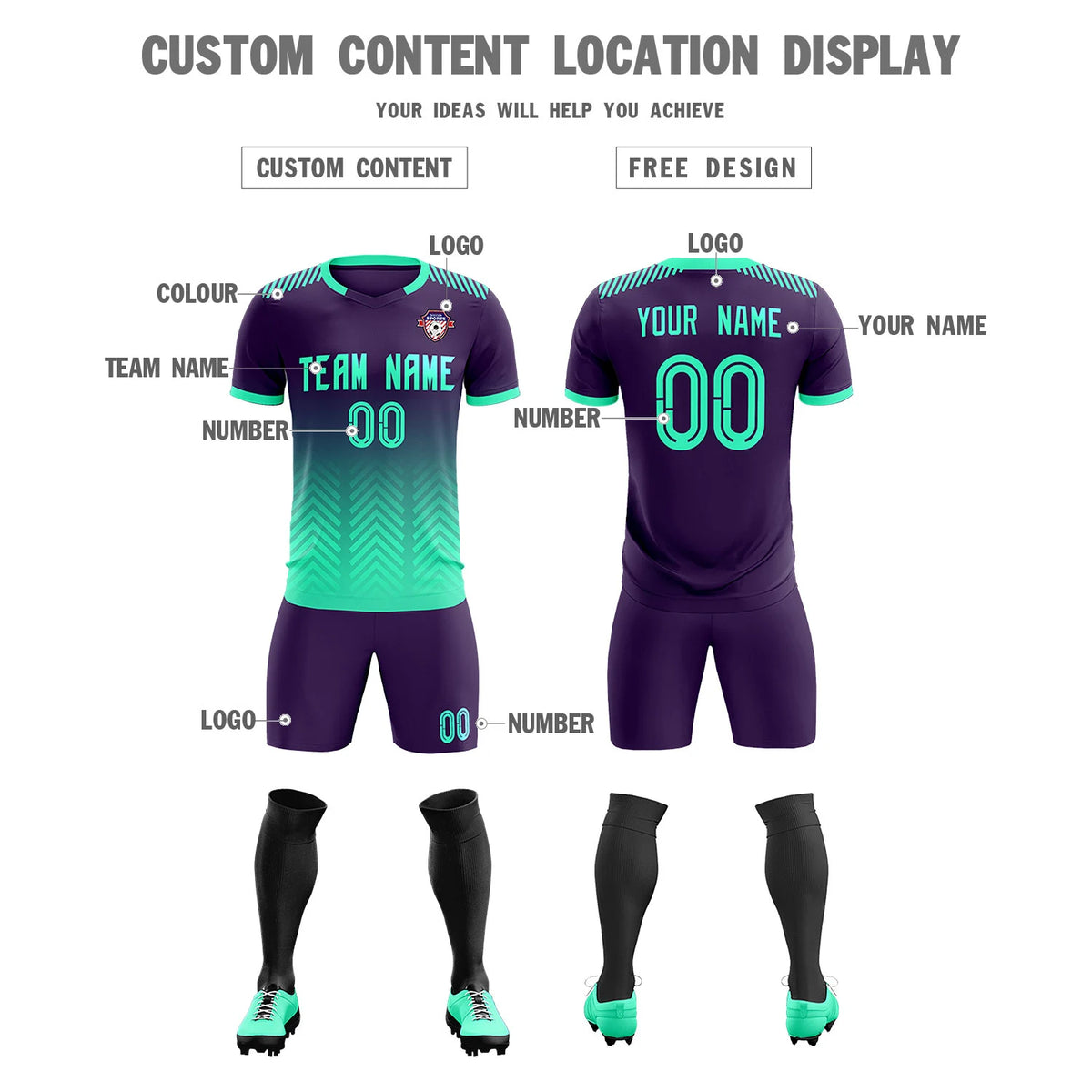 Custom Purple Bright Green Printing Sportswear Soccer Sets Jersey