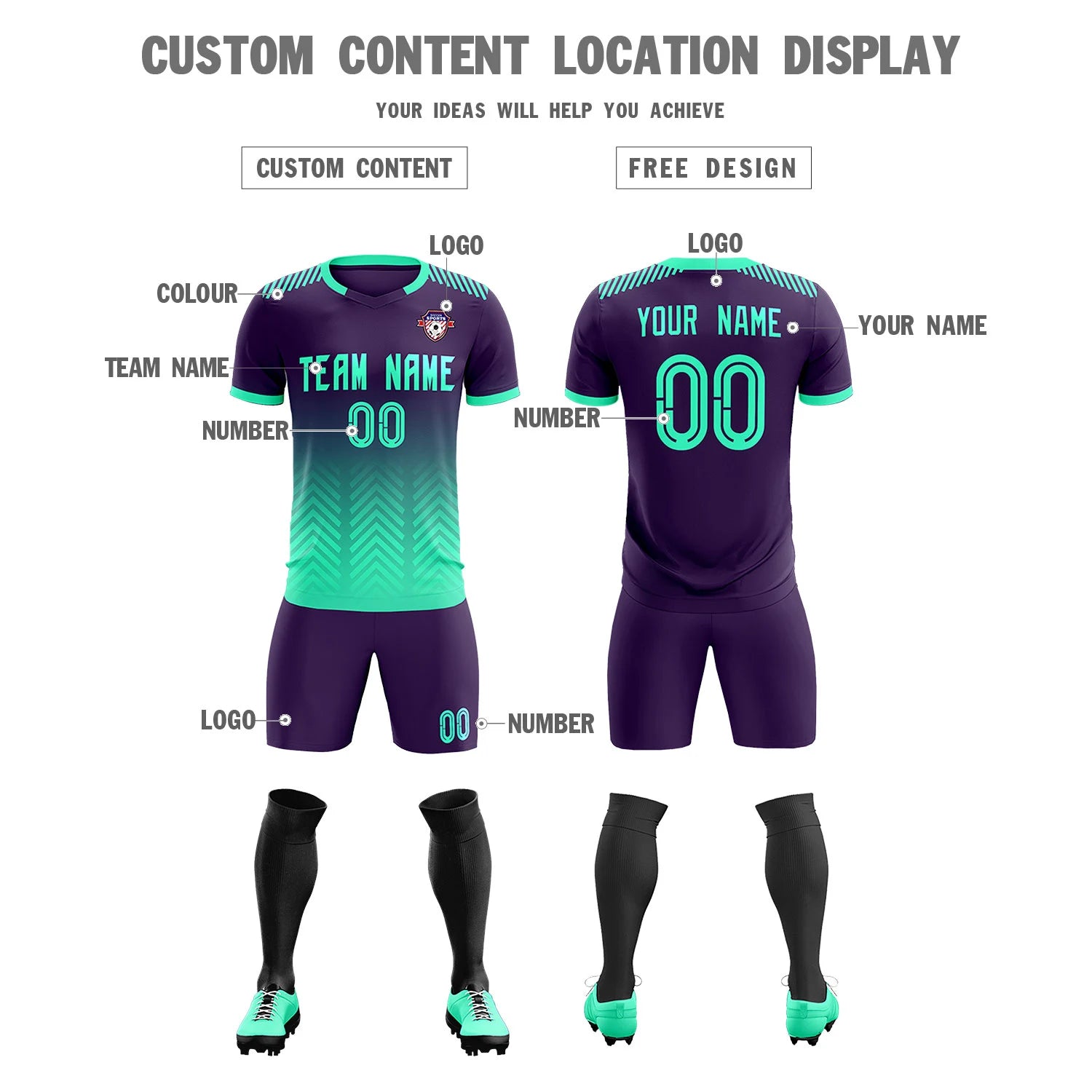 Custom Purple Bright Green Printing Sportswear Soccer Sets Jersey