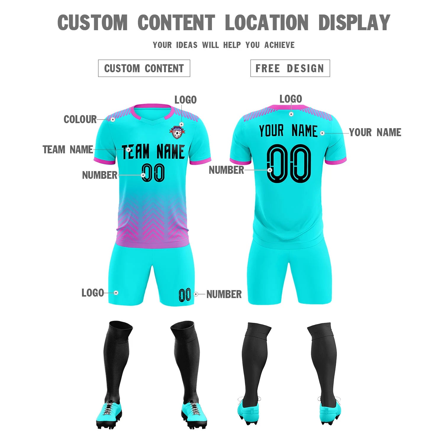 Custom Sky Blue Pink Printing Sportswear Soccer Sets Jersey