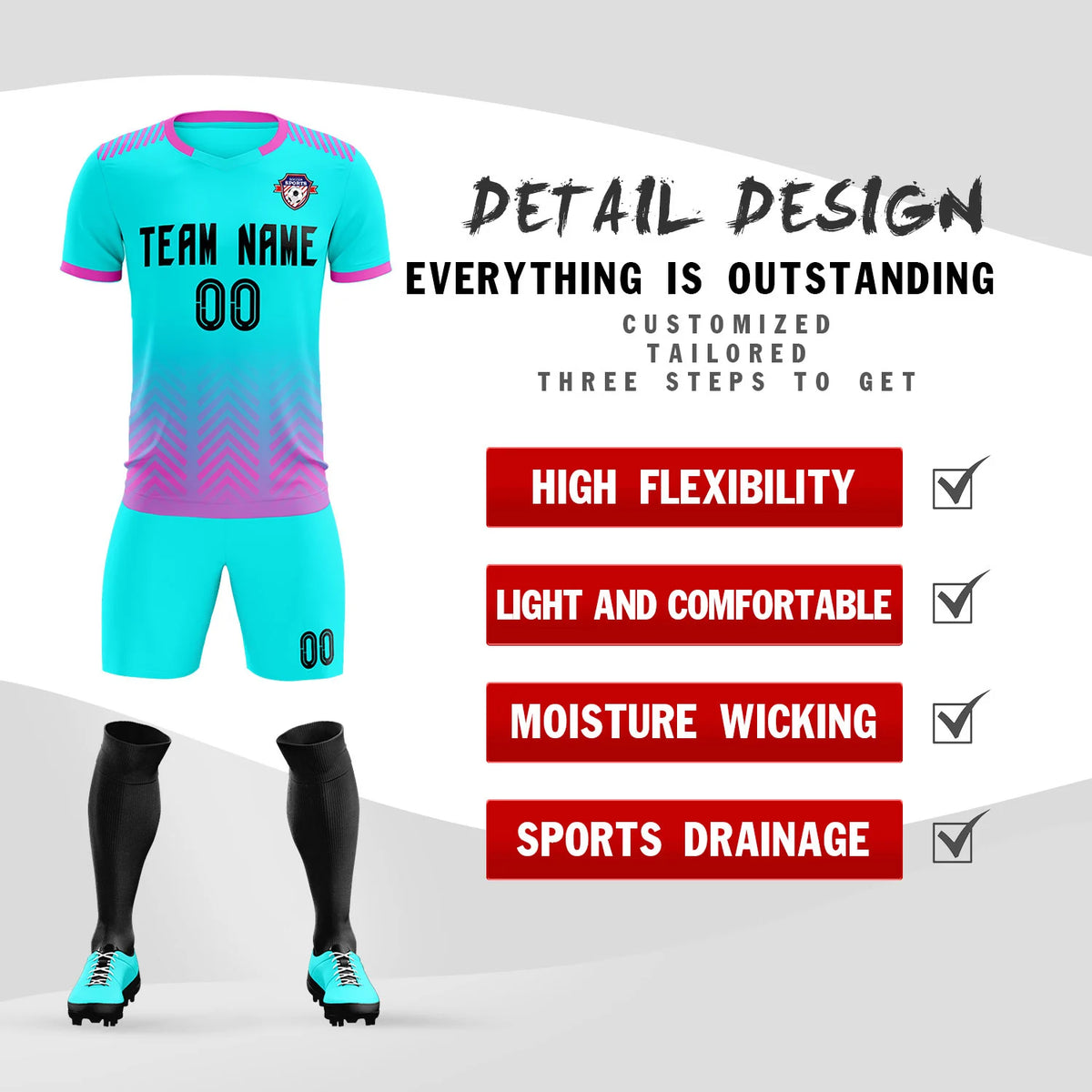 Custom Sky Blue Pink Printing Sportswear Soccer Sets Jersey