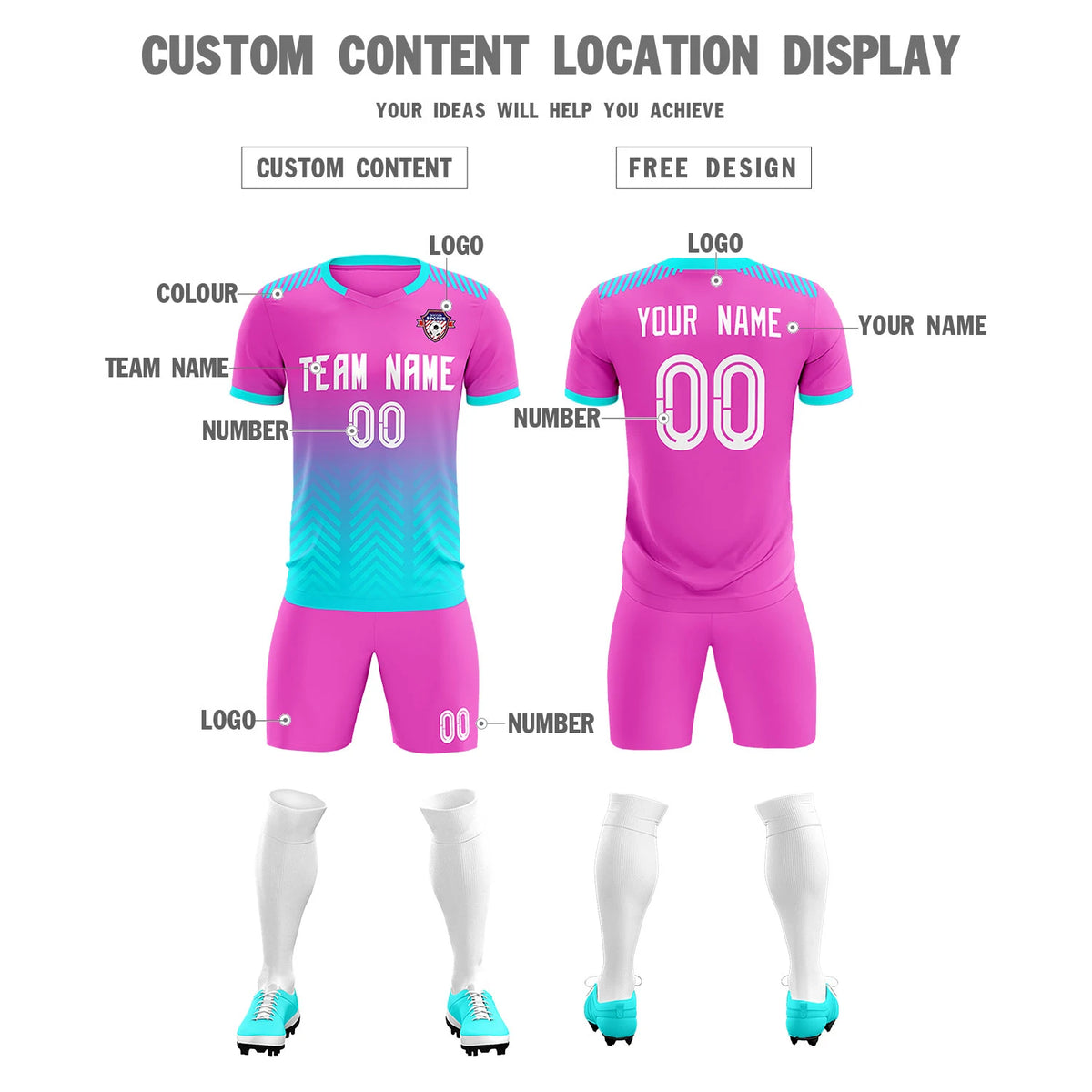 Custom Pink Sky Blue Printing Sportswear Soccer Sets Jersey