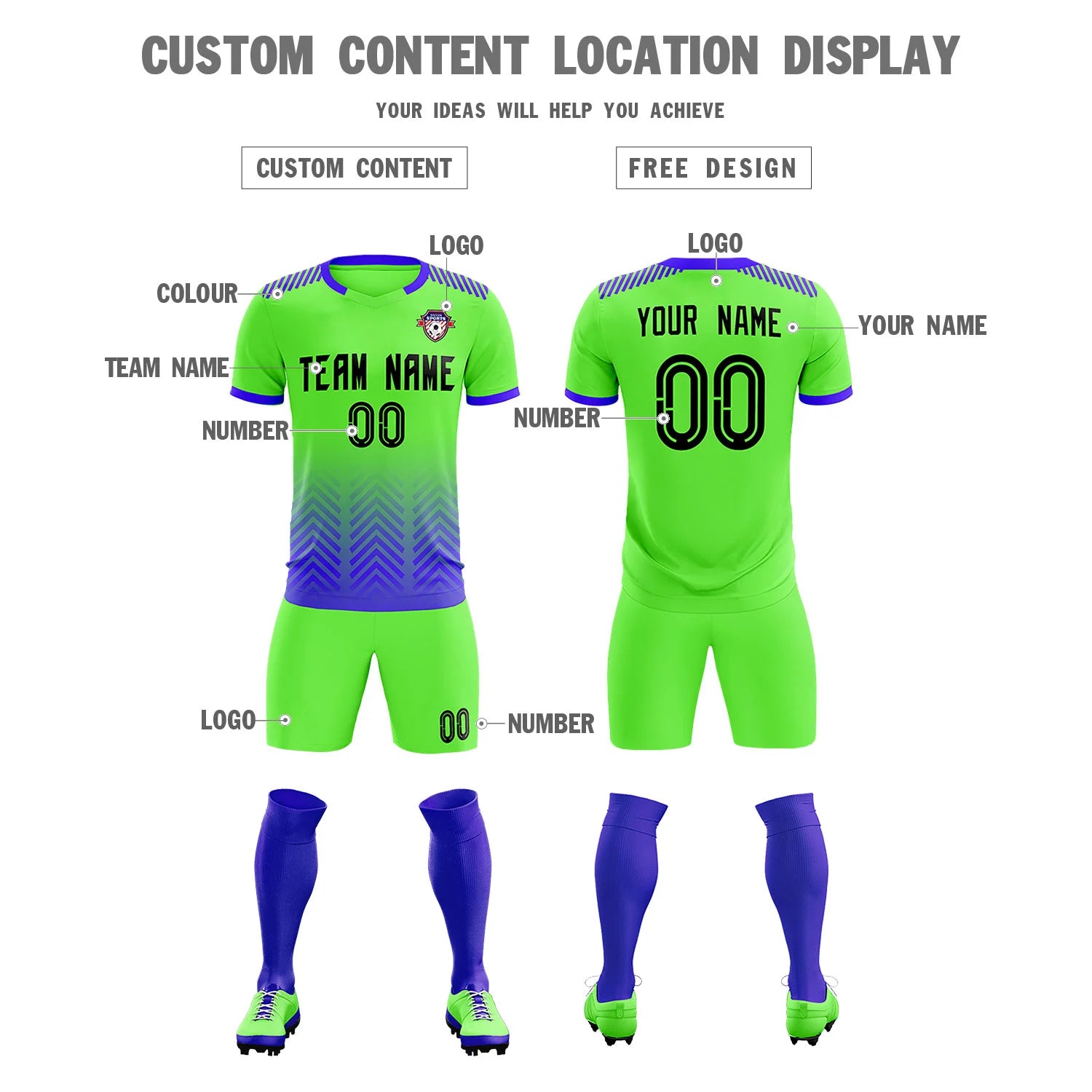Custom Neon Green Royal Blue Printing Sportswear Soccer Sets Jersey