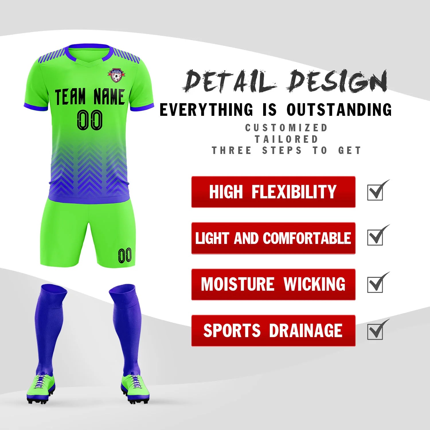 Custom Neon Green Royal Blue Printing Sportswear Soccer Sets Jersey