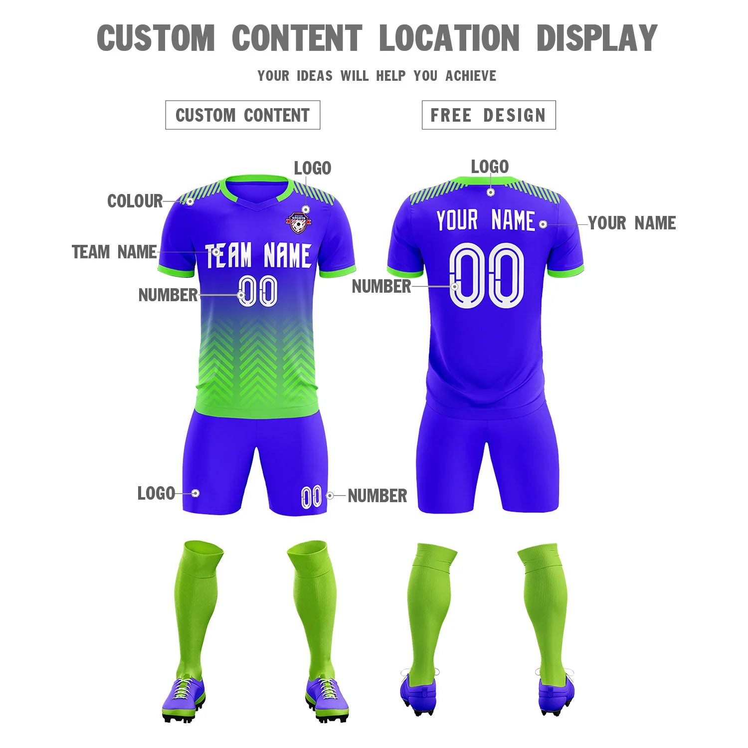 Custom Royal Blue Neon Green Printing Sportswear Soccer Sets Jersey
