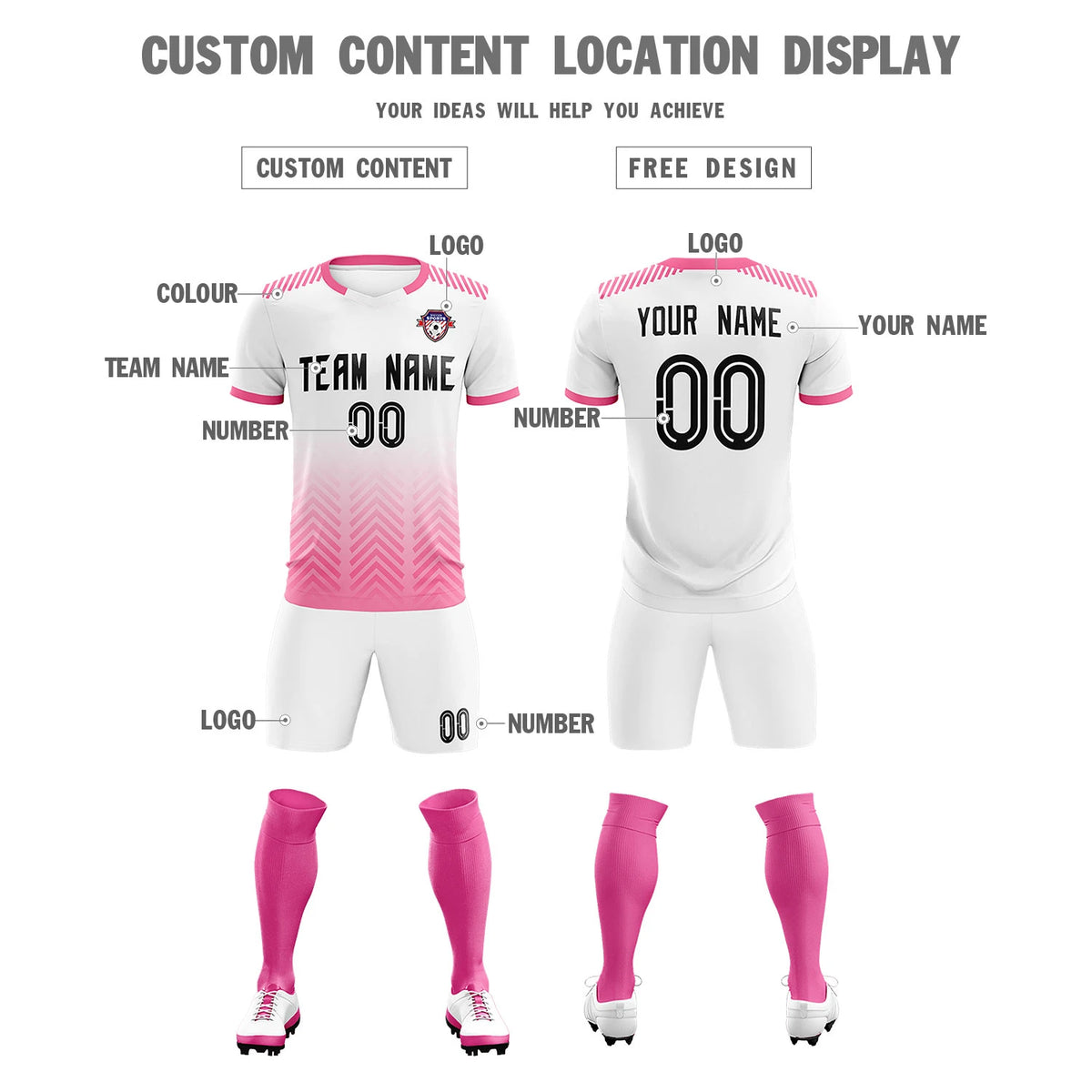 Custom White Pink Printing Sportswear Soccer Sets Jersey