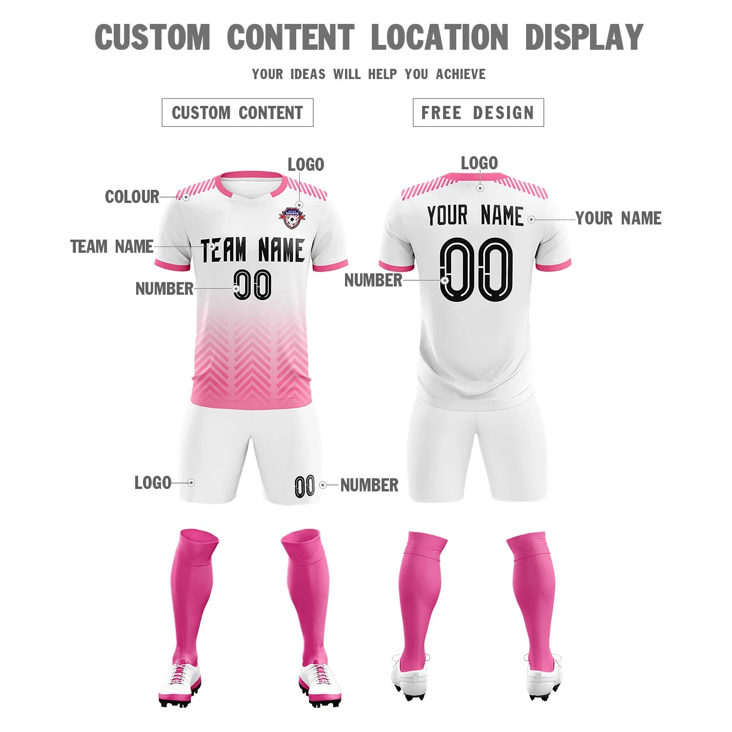 Custom White Pink Printing Sportswear Soccer Sets Jersey