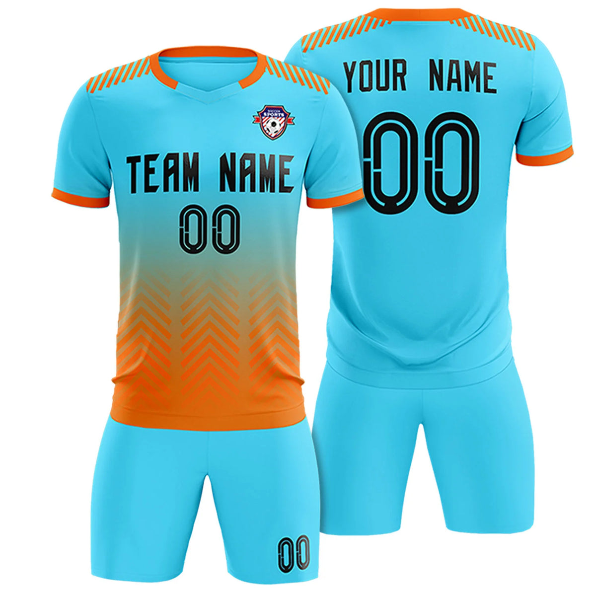Custom Sky Blue Orange Printing Sportswear Soccer Sets Jersey