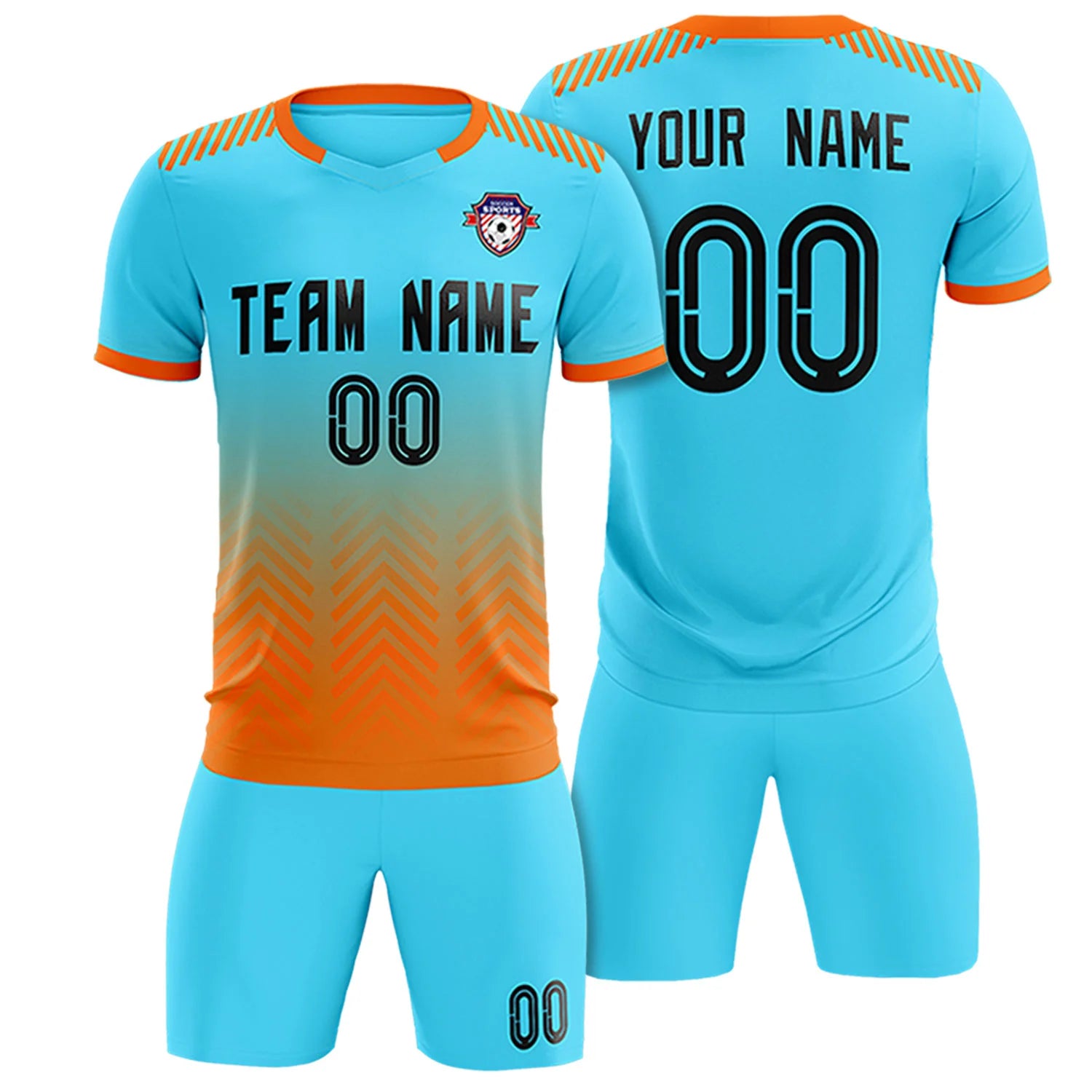 Custom Sky Blue Orange Printing Sportswear Soccer Sets Jersey
