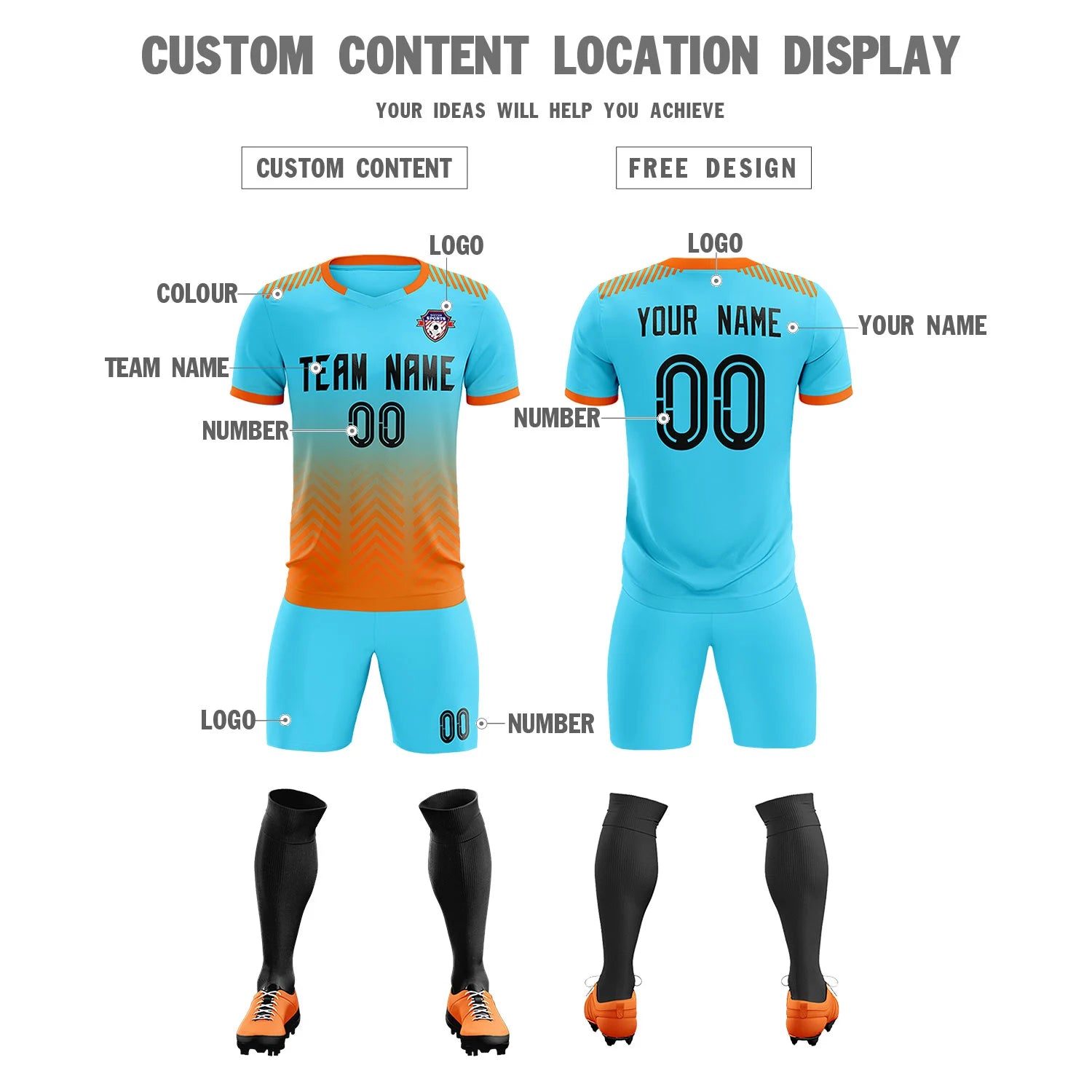 Custom Sky Blue Orange Printing Sportswear Soccer Sets Jersey
