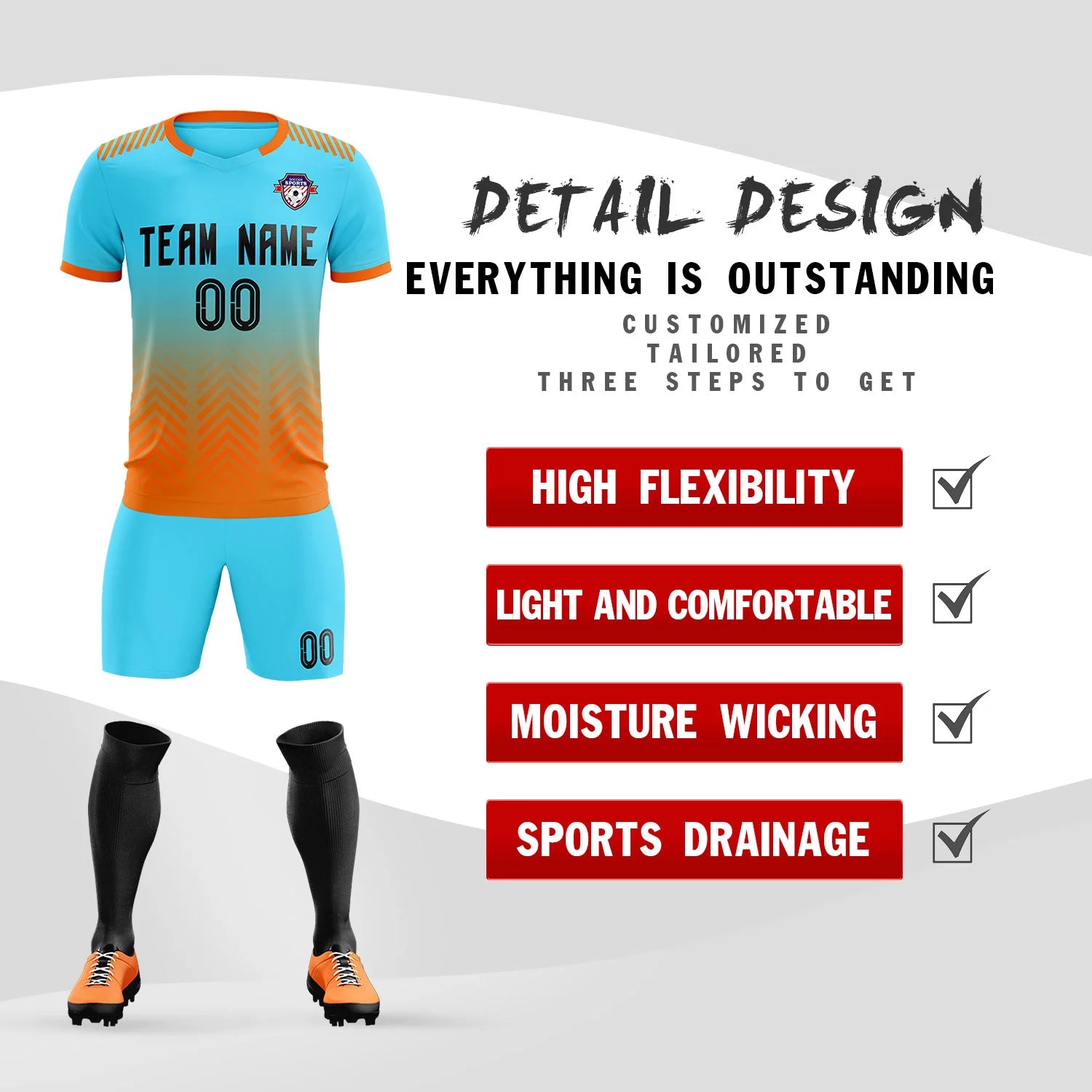 Custom Sky Blue Orange Printing Sportswear Soccer Sets Jersey
