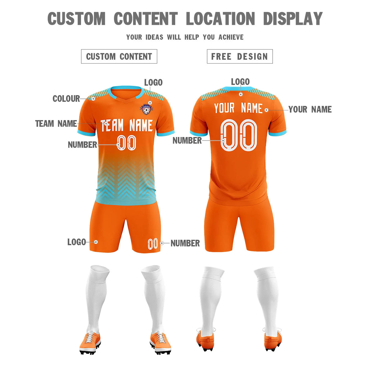 Custom Orange Sky Blue Printing Sportswear Soccer Sets Jersey
