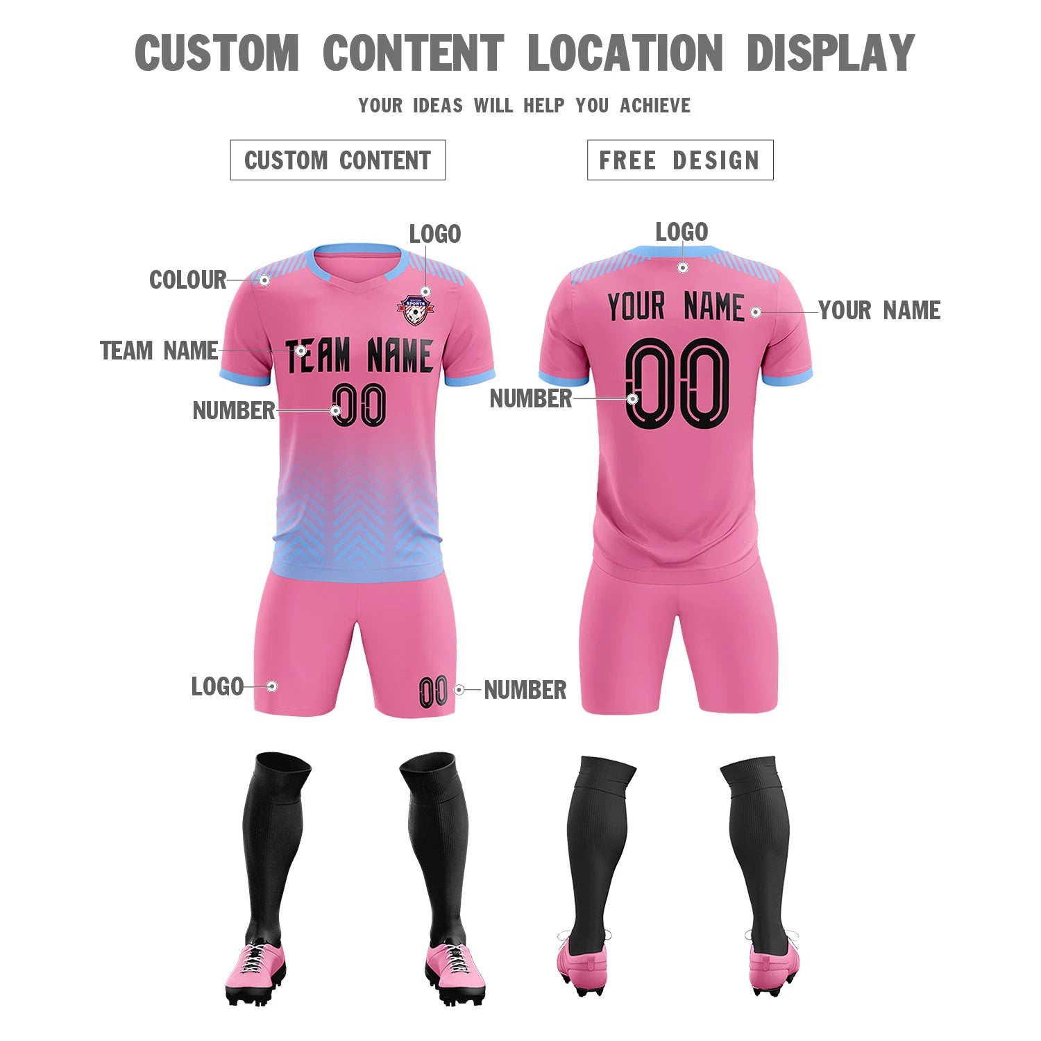 Custom Pink Light Blue Printing Sportswear Soccer Sets Jersey