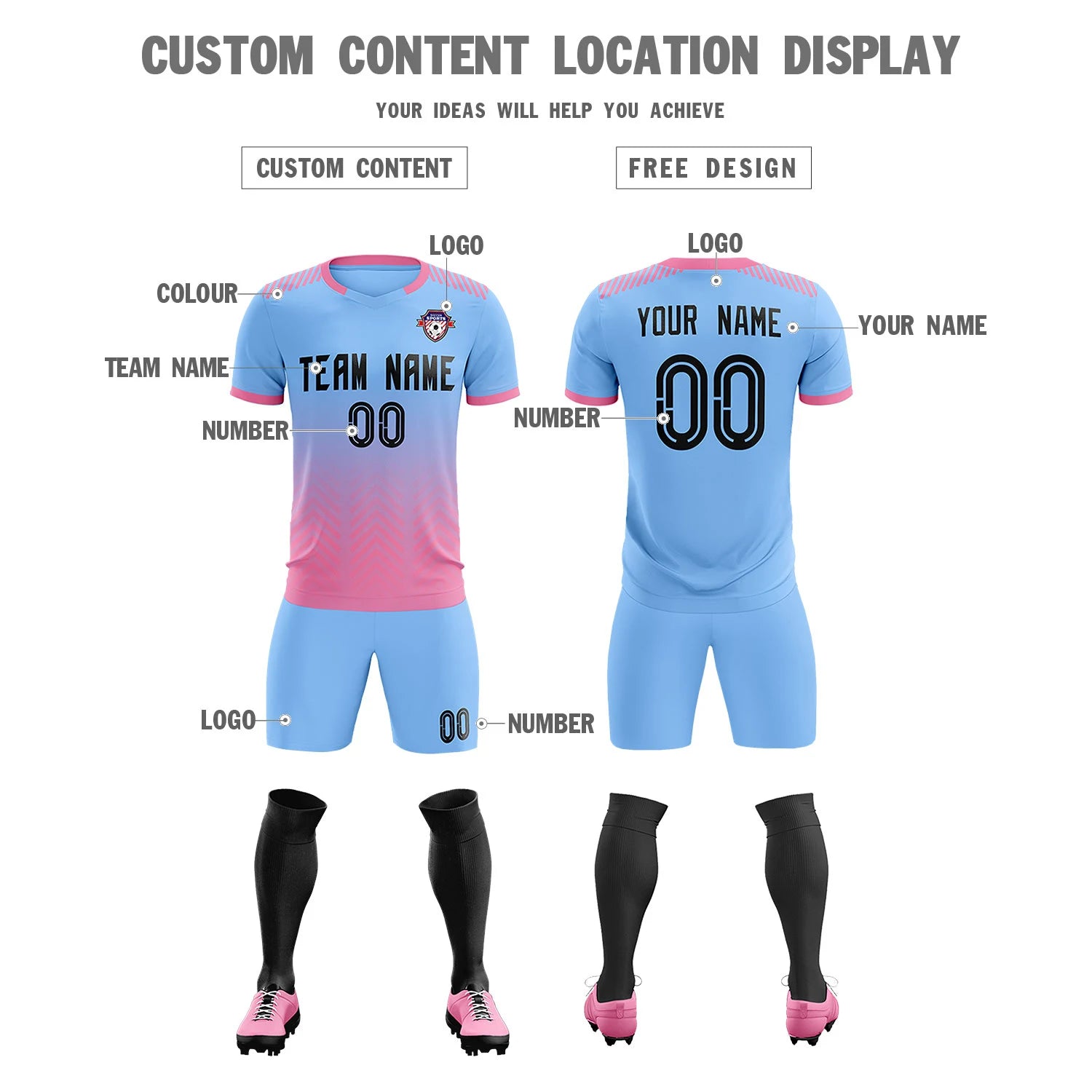 Custom Light Blue Pink Printing Sportswear Soccer Sets Jersey