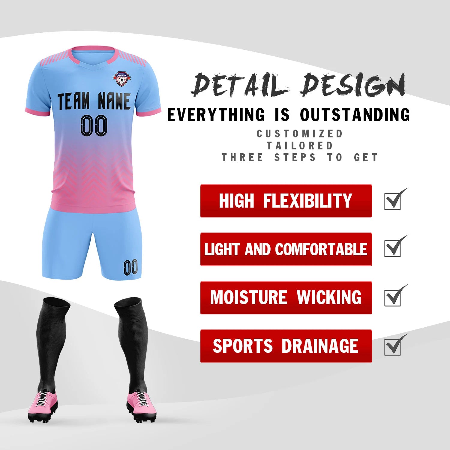 Custom Light Blue Pink Printing Sportswear Soccer Sets Jersey