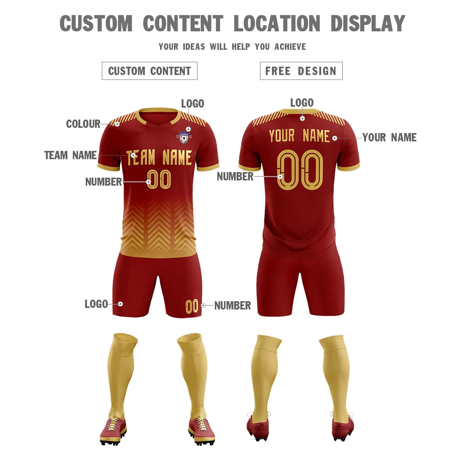 Custom Crimson Khaki Printing Sportswear Soccer Sets Jersey