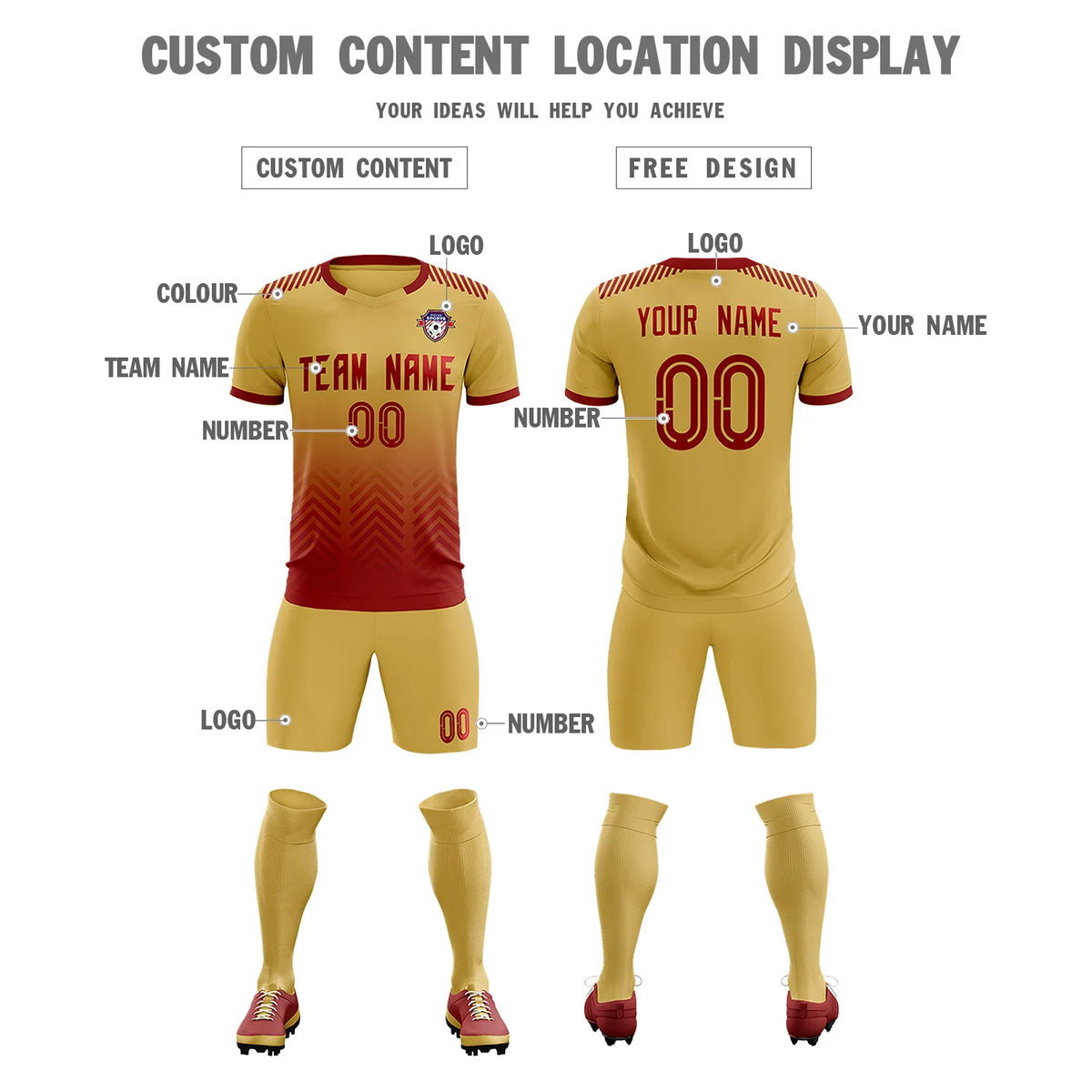 Custom Khaki Crimson Printing Sportswear Soccer Sets Jersey