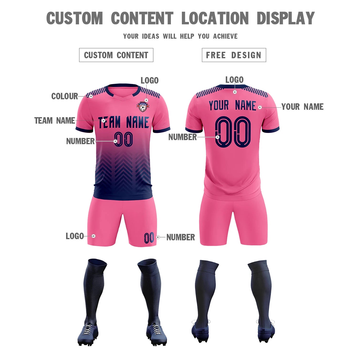 Custom Pink Navy Printing Sportswear Soccer Sets Jersey