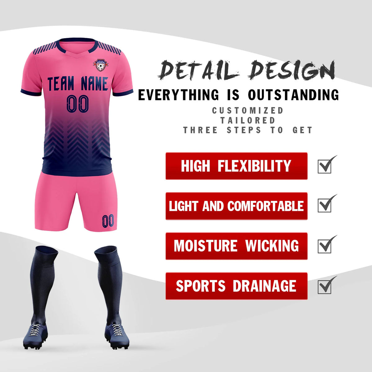 Custom Pink Navy Printing Sportswear Soccer Sets Jersey