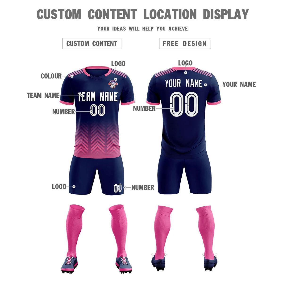 Custom Navy Pink Printing Sportswear Soccer Sets Jersey