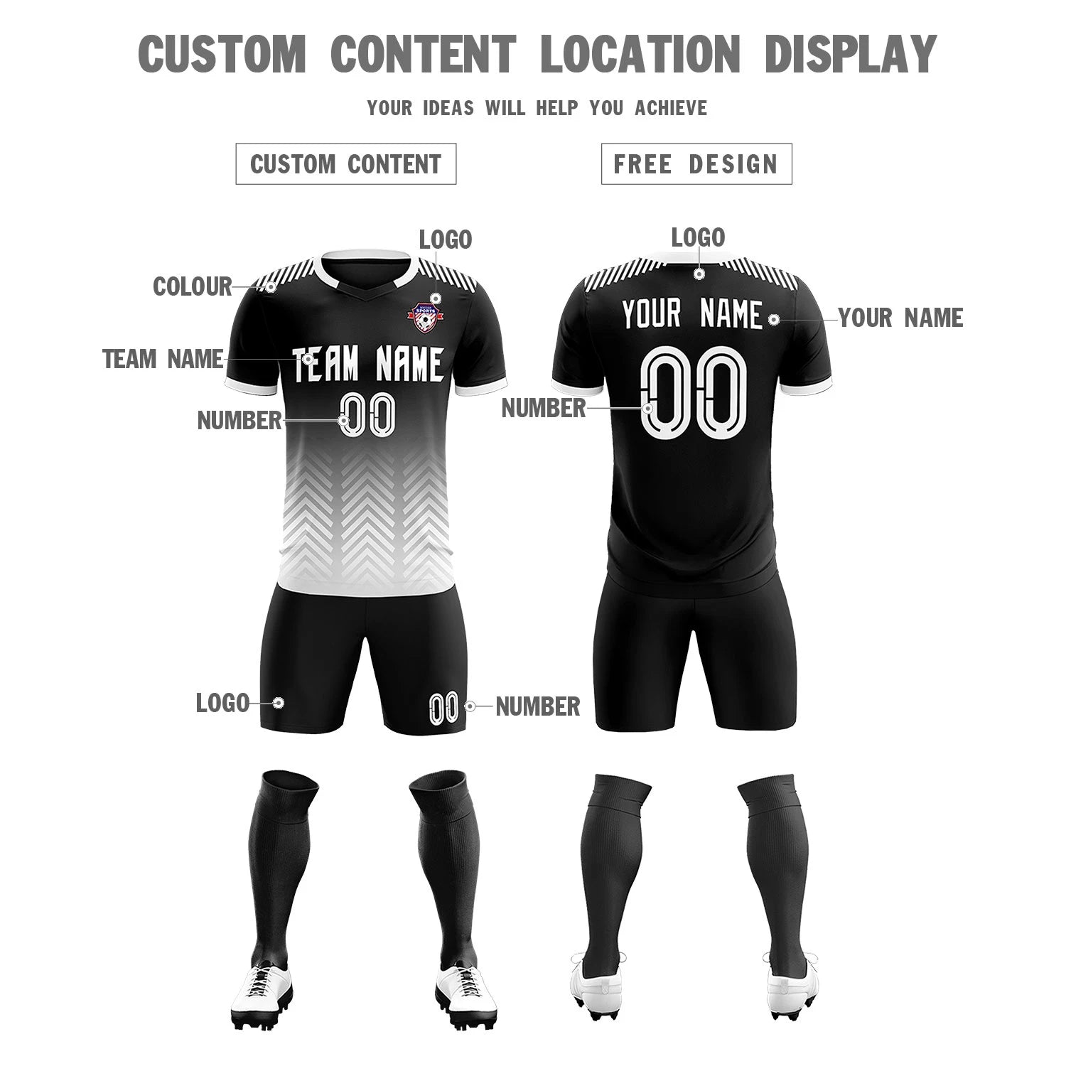 Custom Black White Printing Sportswear Soccer Sets Jersey