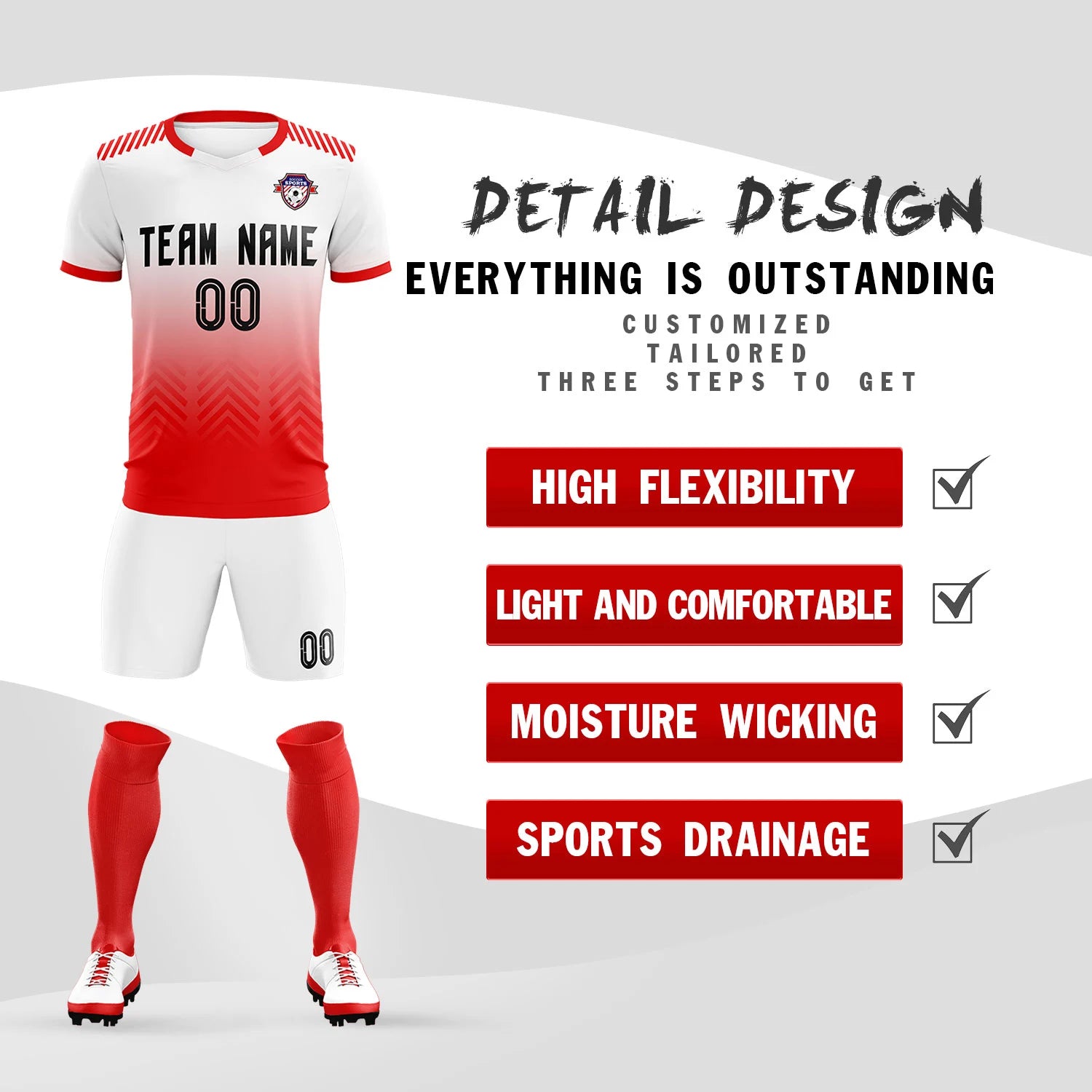 Custom White Red Printing Sportswear Soccer Sets Jersey