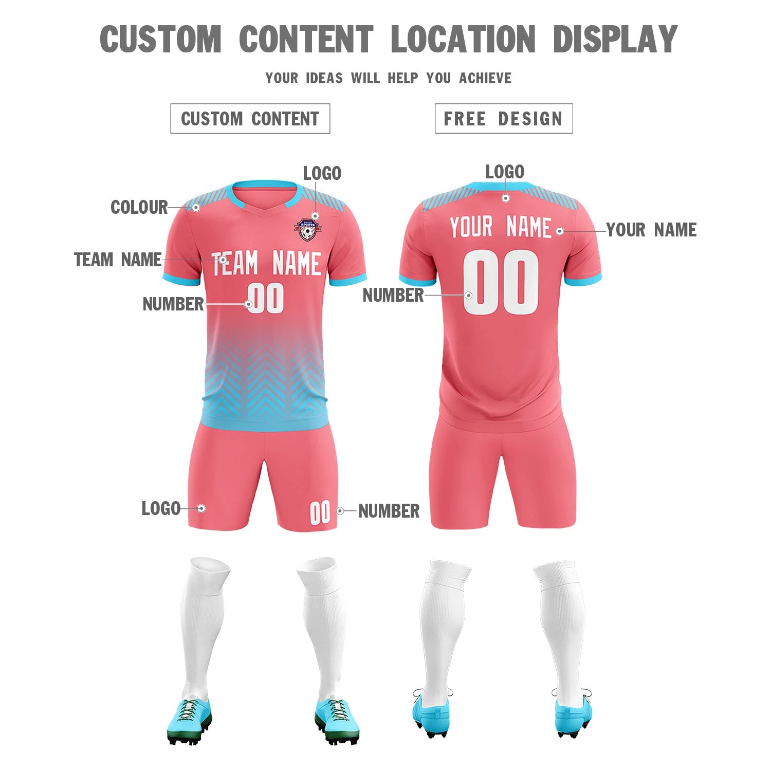 Custom Light Pink Sky Blue Printing Sportswear Soccer Sets Jersey