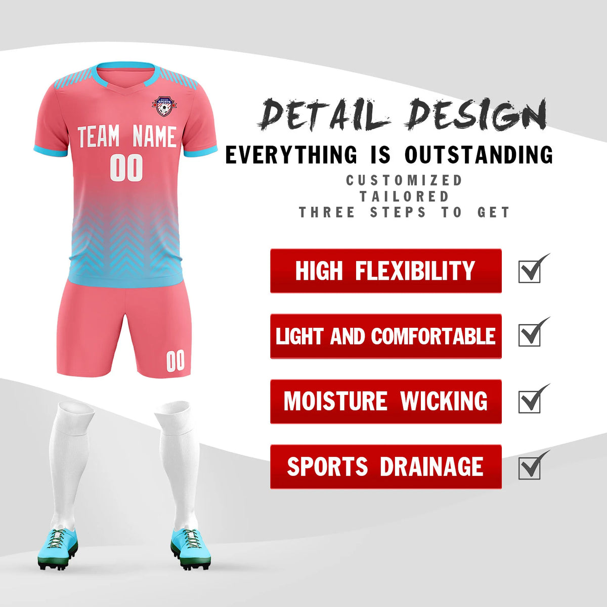 Custom Light Pink Sky Blue Printing Sportswear Soccer Sets Jersey