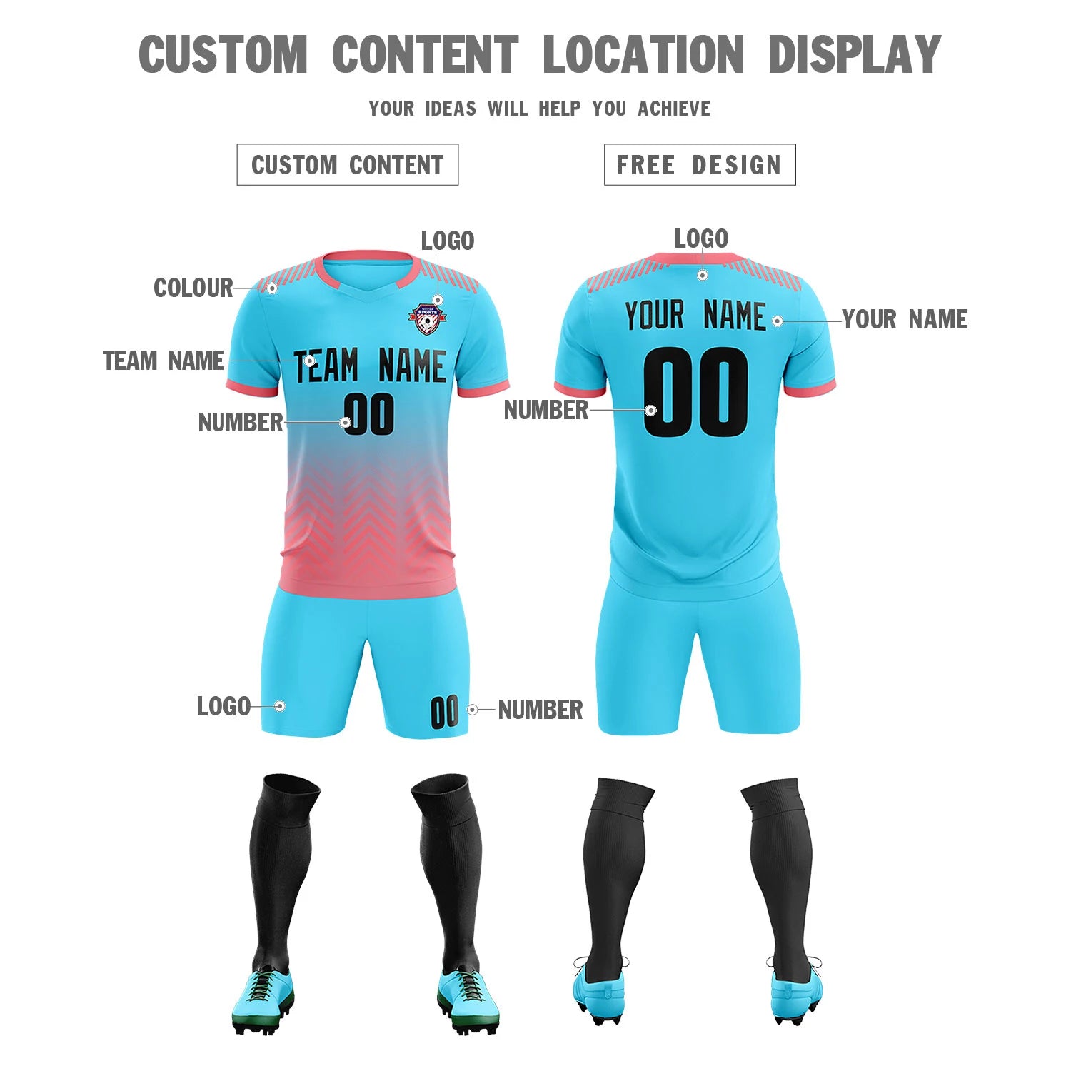 Custom Sky Blue Light Pink Printing Sportswear Soccer Sets Jersey