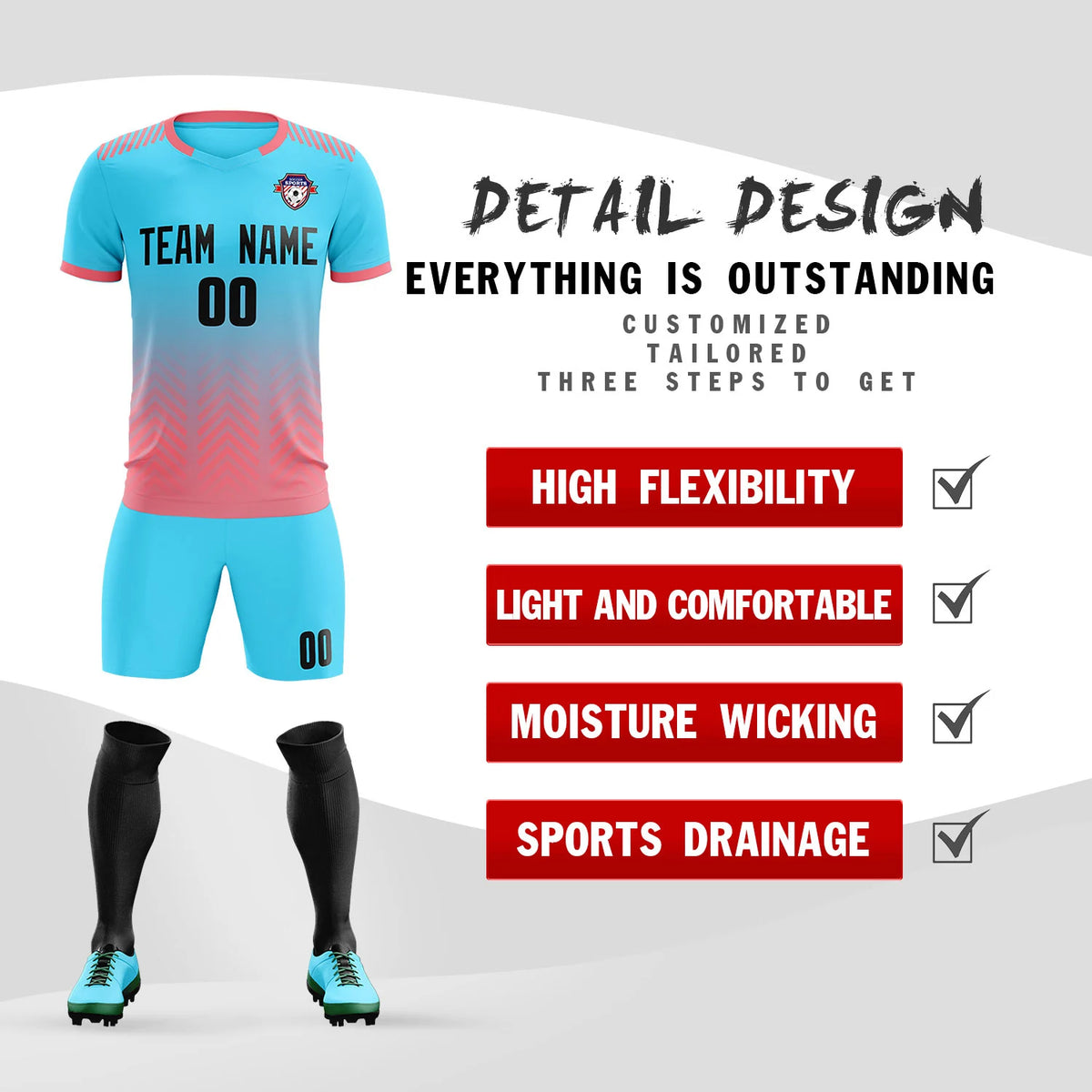 Custom Sky Blue Light Pink Printing Sportswear Soccer Sets Jersey