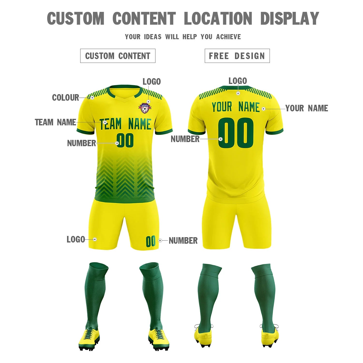 Custom Gold01 Kelly Green Printing Sportswear Soccer Sets Jersey